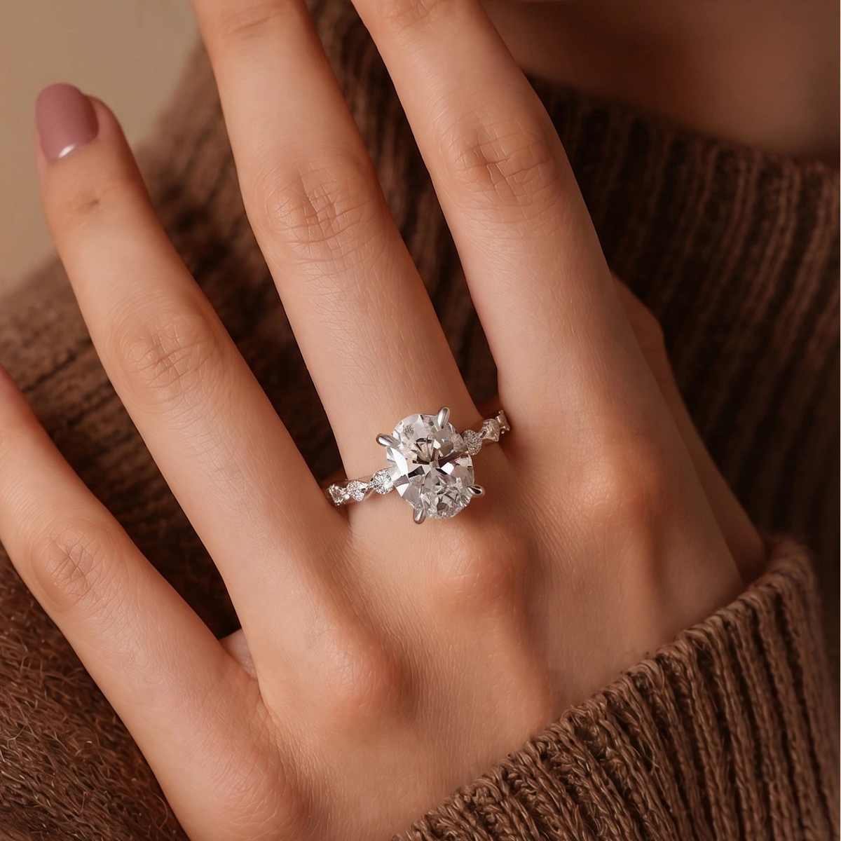 Oval Diamond Halo Engagement Ring Pavé Accent Classic Solitaire Bridal Ring