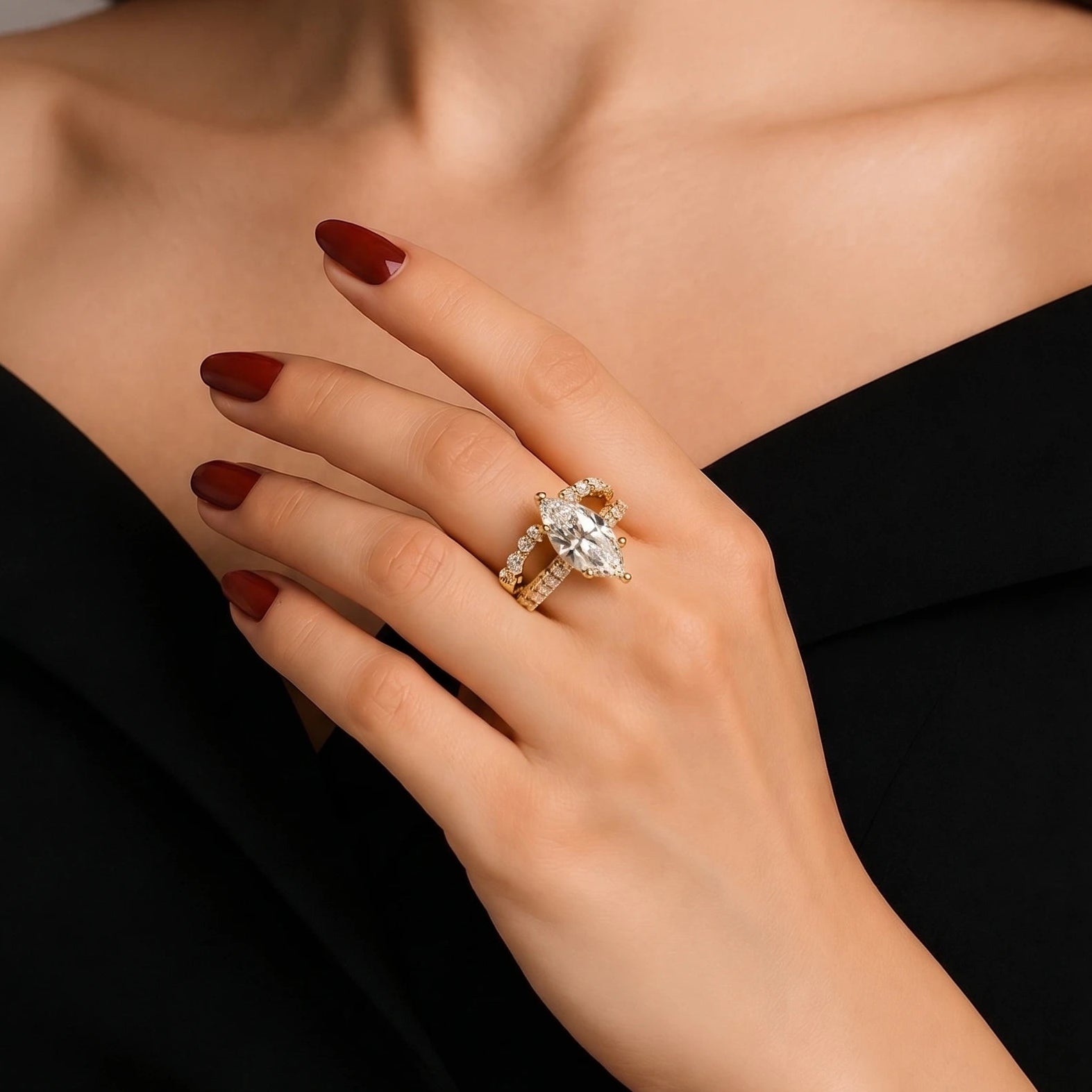 Marquise Cut Lab Grown Diamond Bridal Set Floral Vine Pavé Wedding Ring