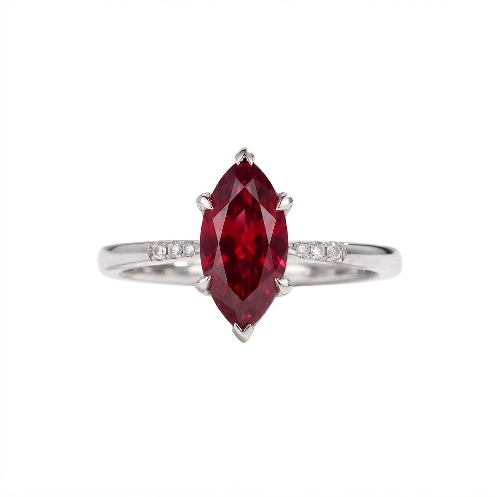 Marquise Cut Red Ruby Minimalist Engagement Ring with Diamond Accents, Dainty Ruby Solitaire Ring, Elegant Gemstone Ring for Women