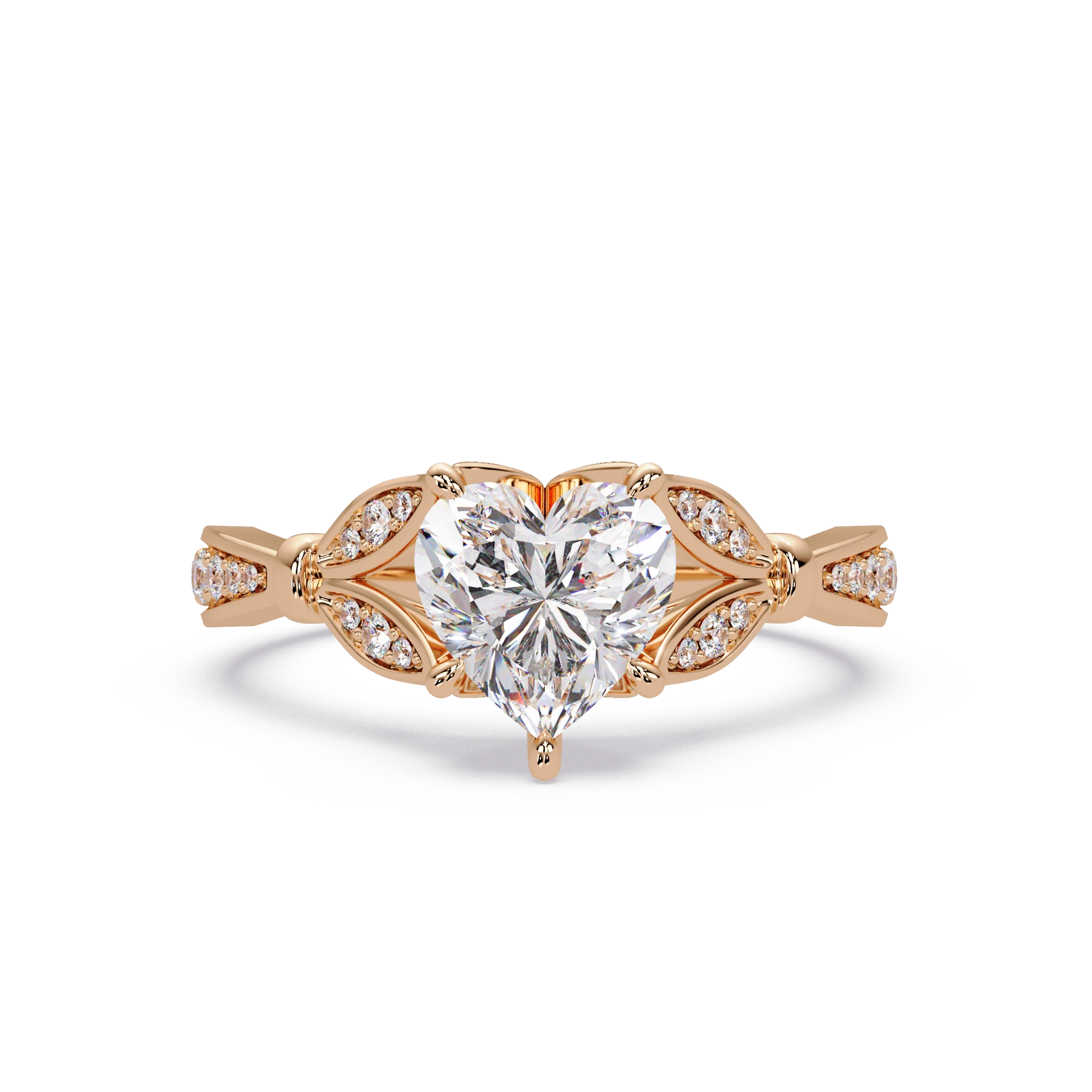 Heart Shaped Diamond Engagement Ring White Gold Leaf Pavé Romantic Bridal Ring