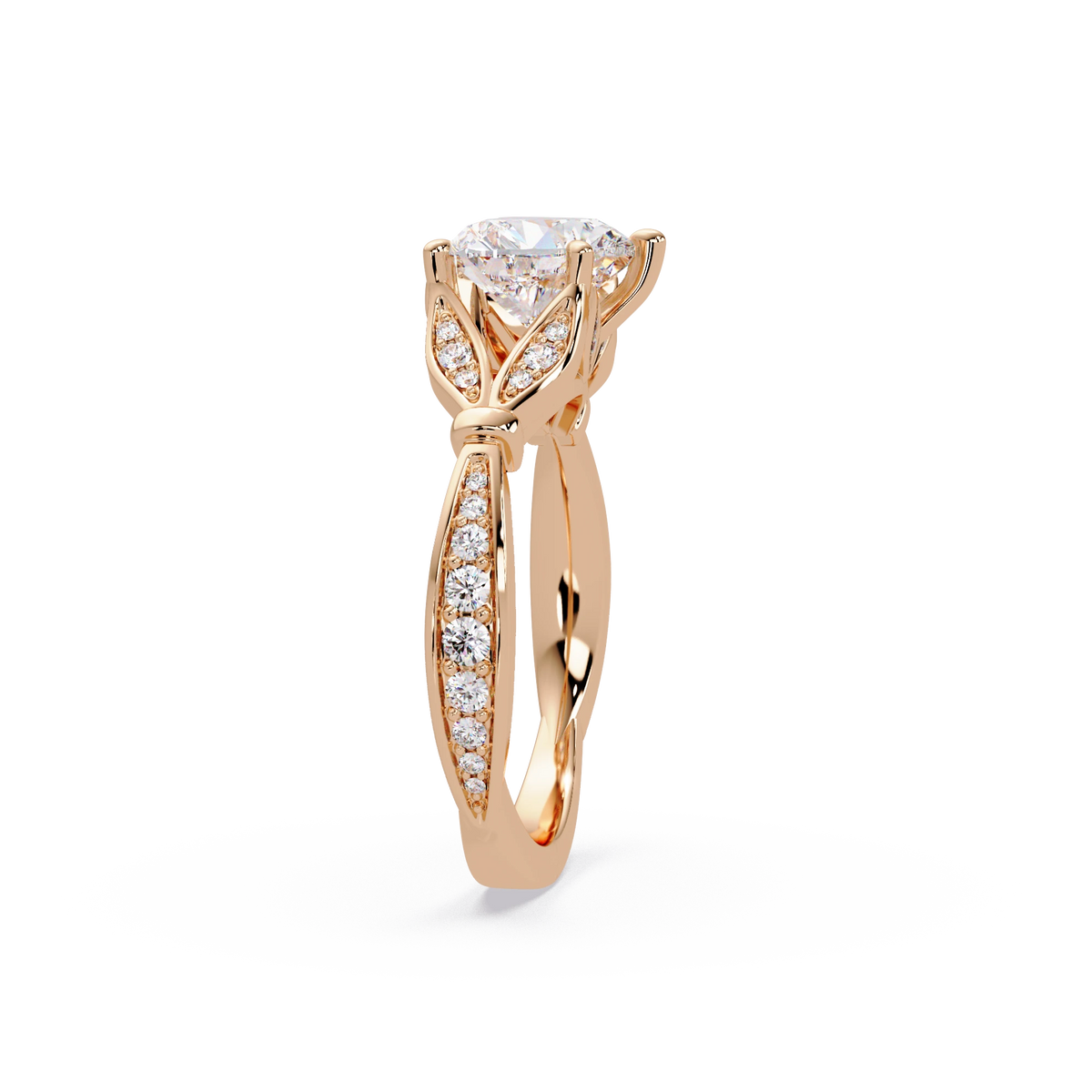 Heart Shaped Diamond Engagement Ring White Gold Leaf Pavé Romantic Bridal Ring