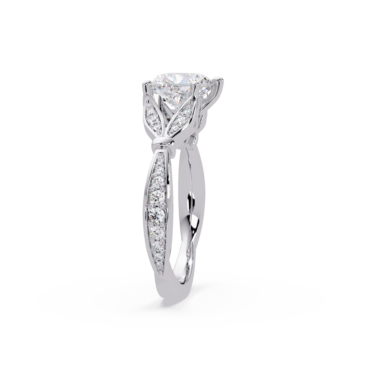 Heart Shaped Diamond Engagement Ring White Gold Leaf Pavé Romantic Bridal Ring