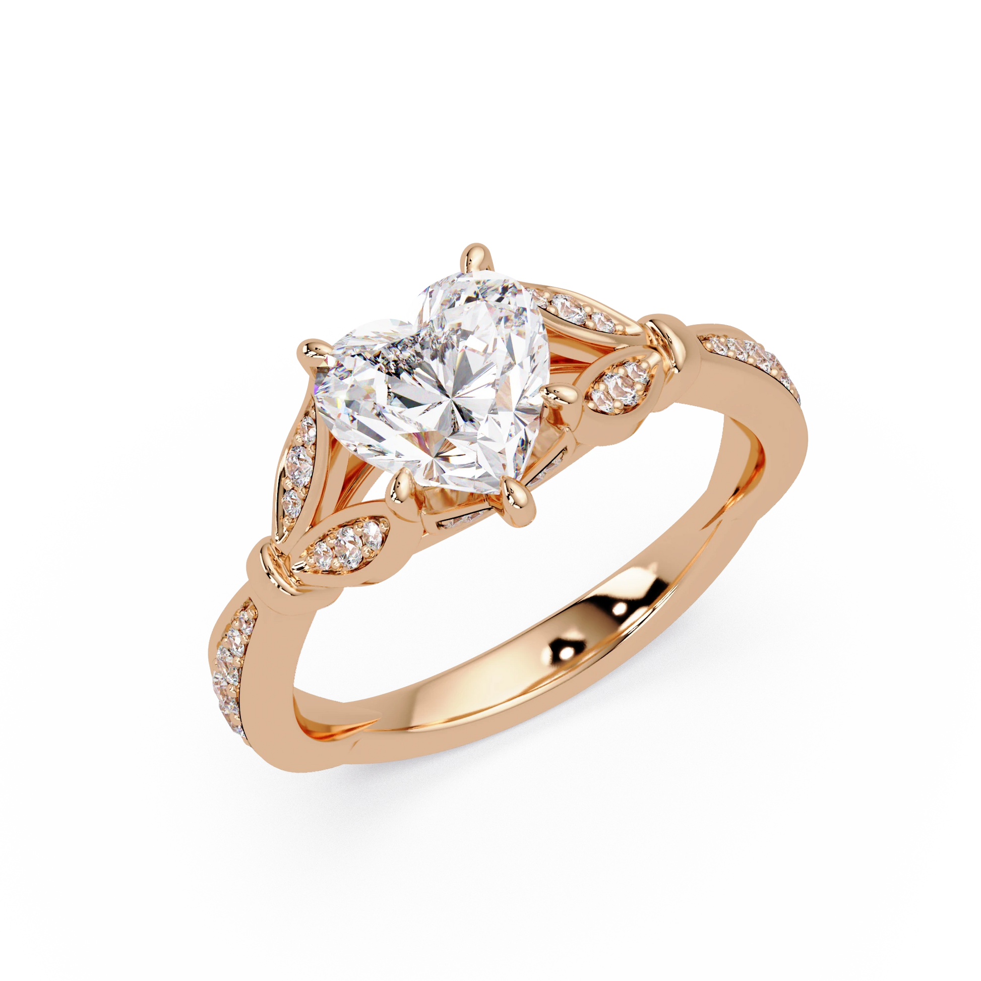 Heart Shaped Diamond Engagement Ring White Gold Leaf Pavé Romantic Bridal Ring