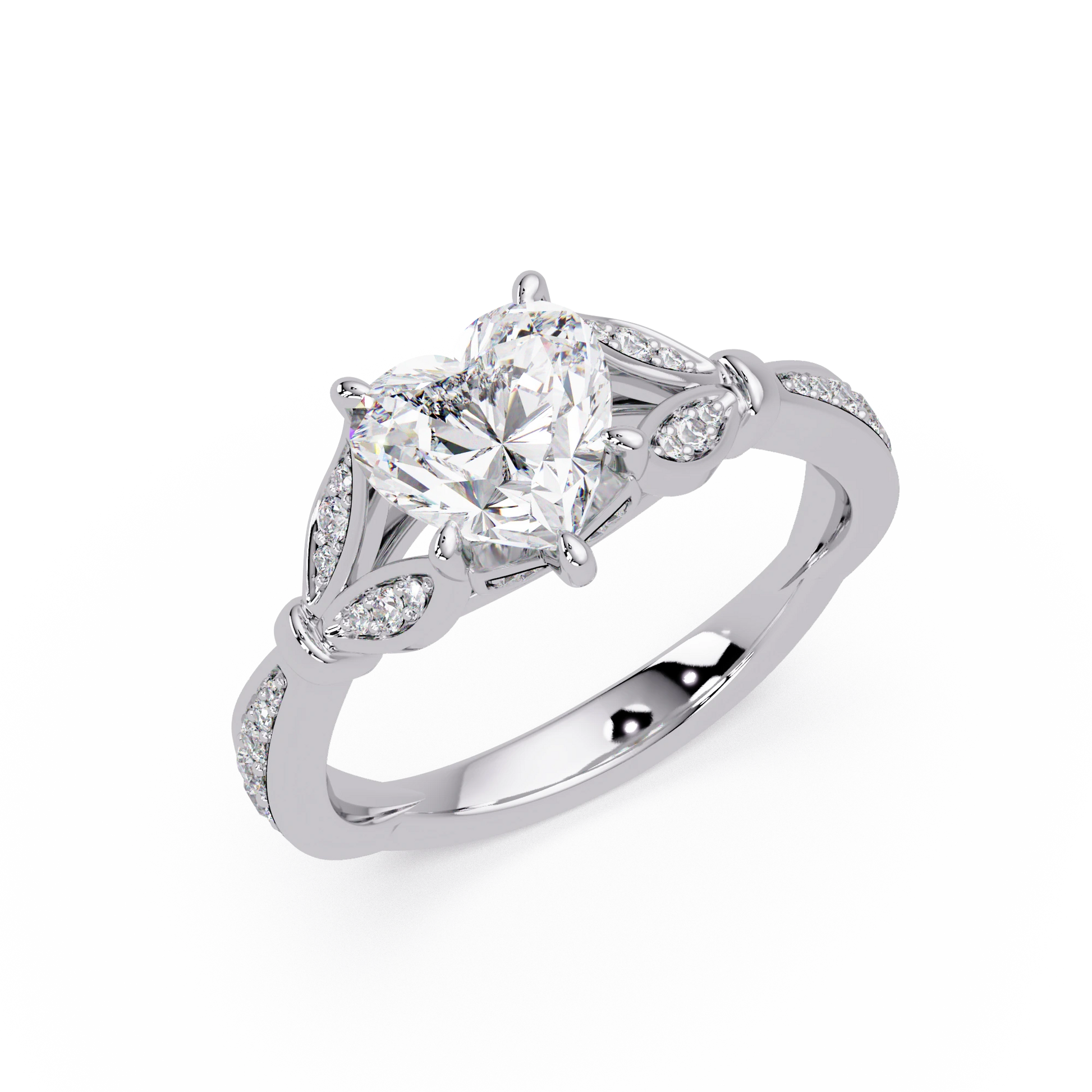 Heart Shaped Diamond Engagement Ring White Gold Leaf Pavé Romantic Bridal Ring