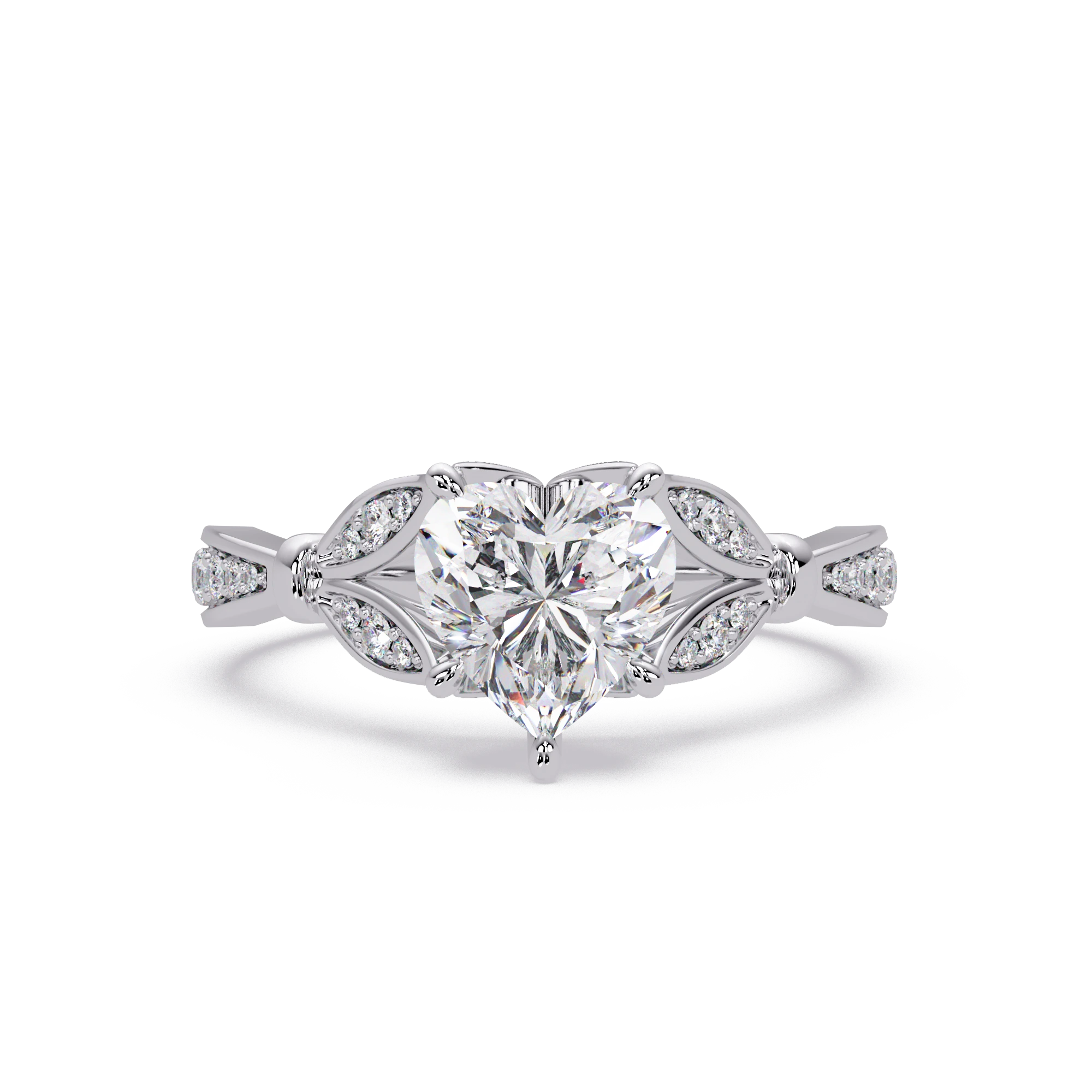 Heart Shaped Diamond Engagement Ring White Gold Leaf Pavé Romantic Bridal Ring