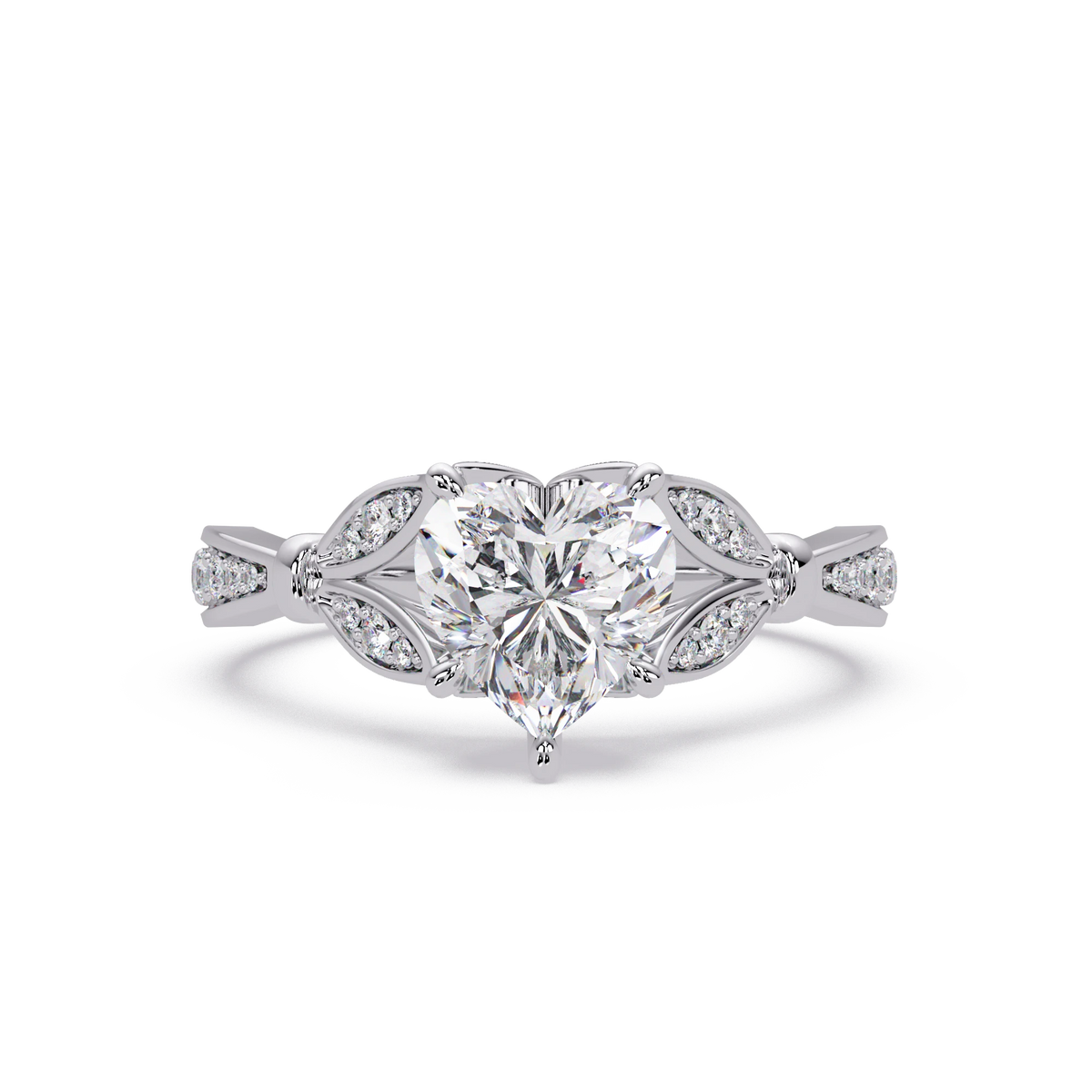 Heart Shaped Diamond Engagement Ring White Gold Leaf Pavé Romantic Bridal Ring