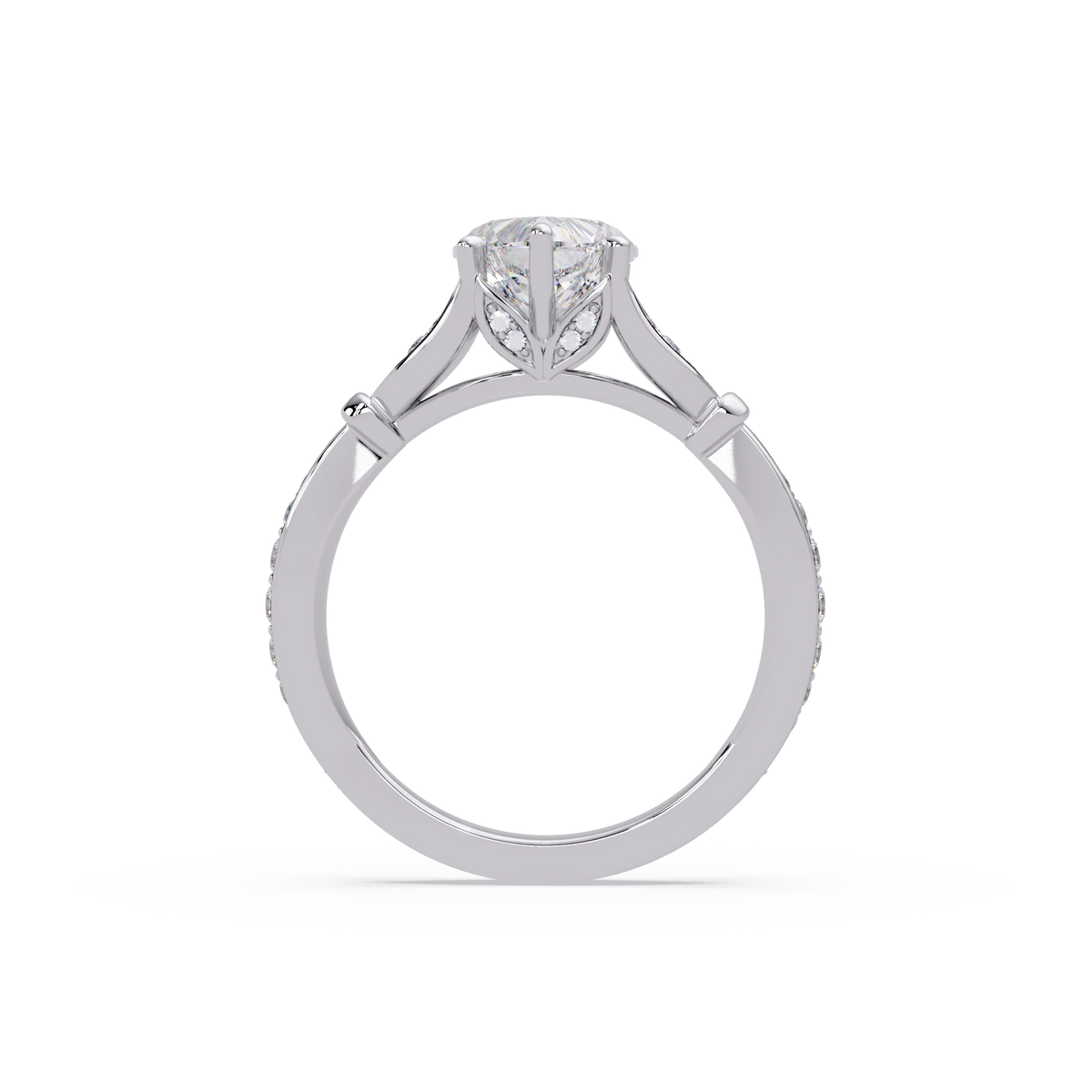 Heart Shaped Diamond Engagement Ring White Gold Leaf Pavé Romantic Bridal Ring
