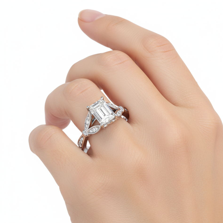 Emerald Cut Lab Grown Diamond Ring in Split Shank