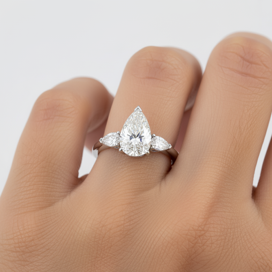 Pear Cut Lab Grown Diamond Three Stone Ring