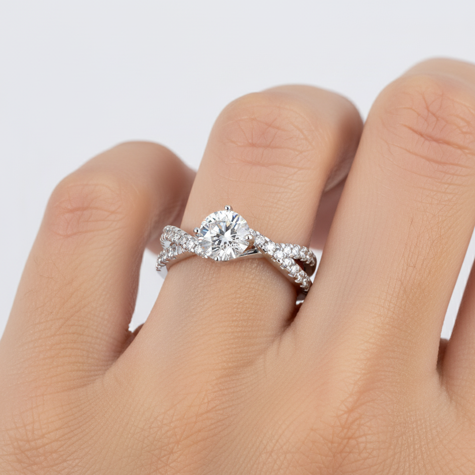 Round Cut Lab Grown Diamond Twisted Shank Ring