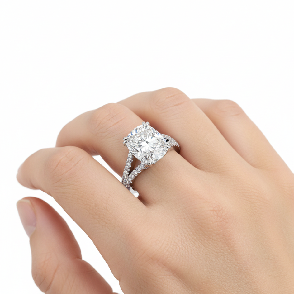 Cushion Cut lab Grown Diamond Engagement Ring Split Shank