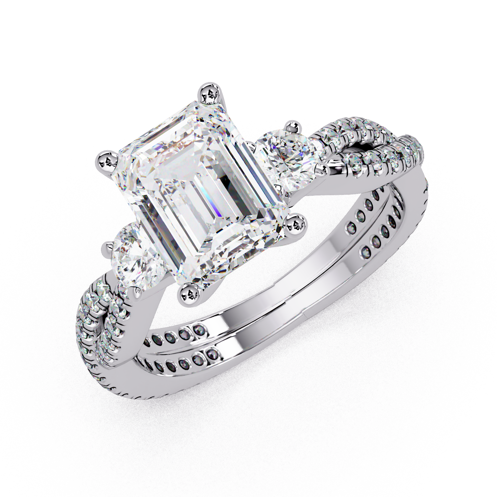 Emerald Cut Lab Grown Diamond Three Twisted Shank Ring
