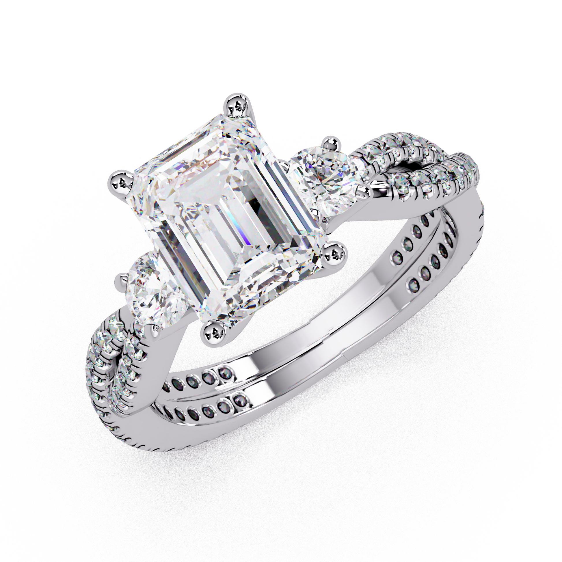 Emerald Cut Lab Grown Diamond Three Twisted Shank Ring