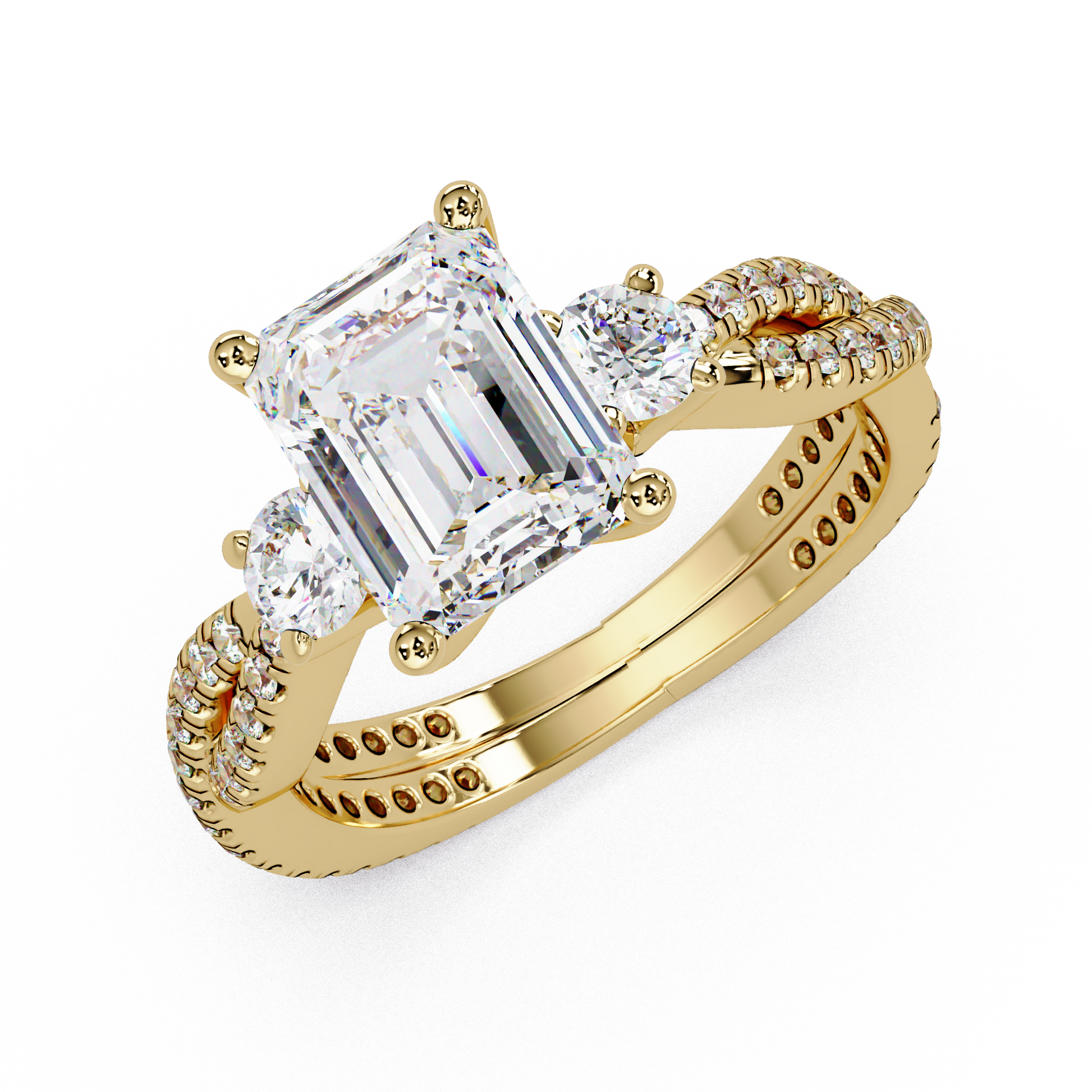Emerald Cut Lab Grown Diamond Three Twisted Shank Ring