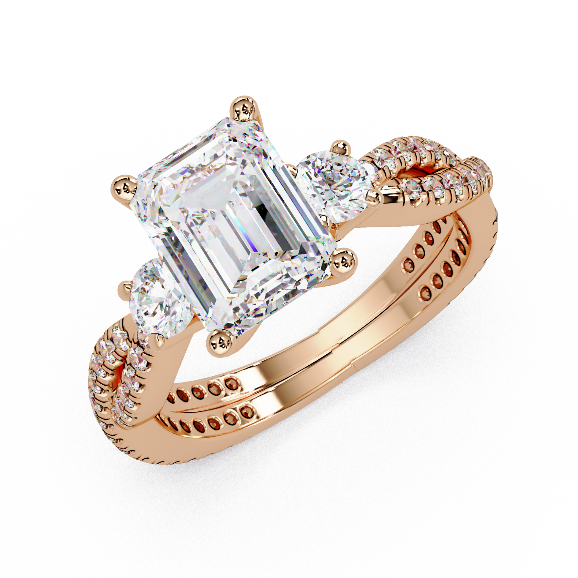 Emerald Cut Lab Grown Diamond Three Twisted Shank Ring