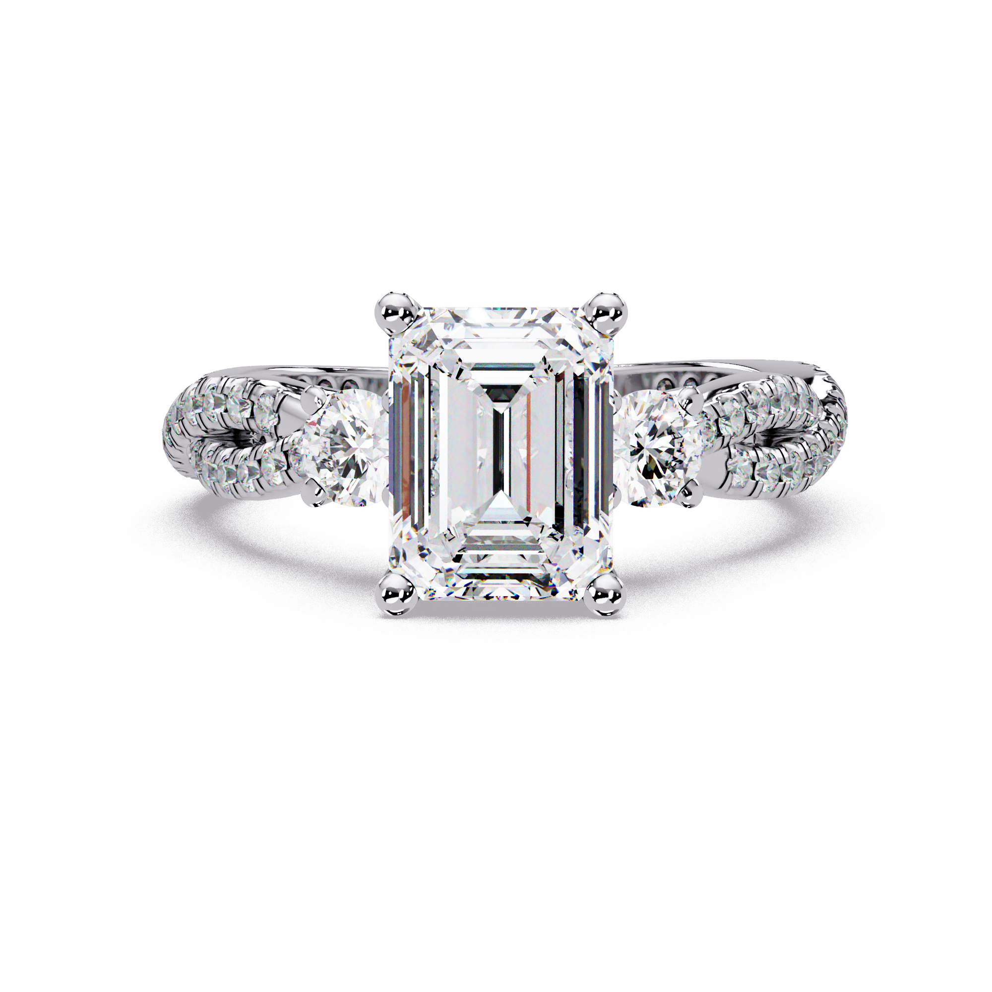 Emerald Cut Lab Grown Diamond Three Twisted Shank Ring