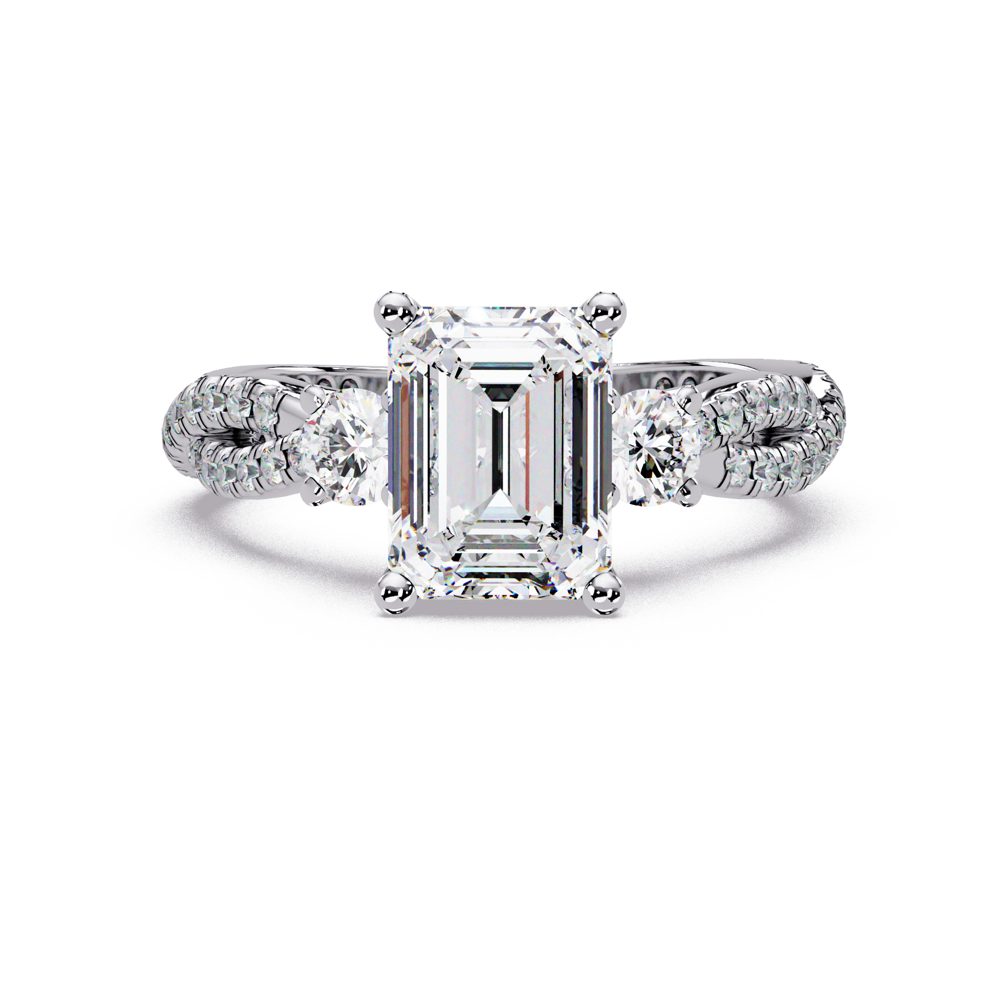 Emerald Cut Lab Grown Diamond Three Twisted Shank Ring
