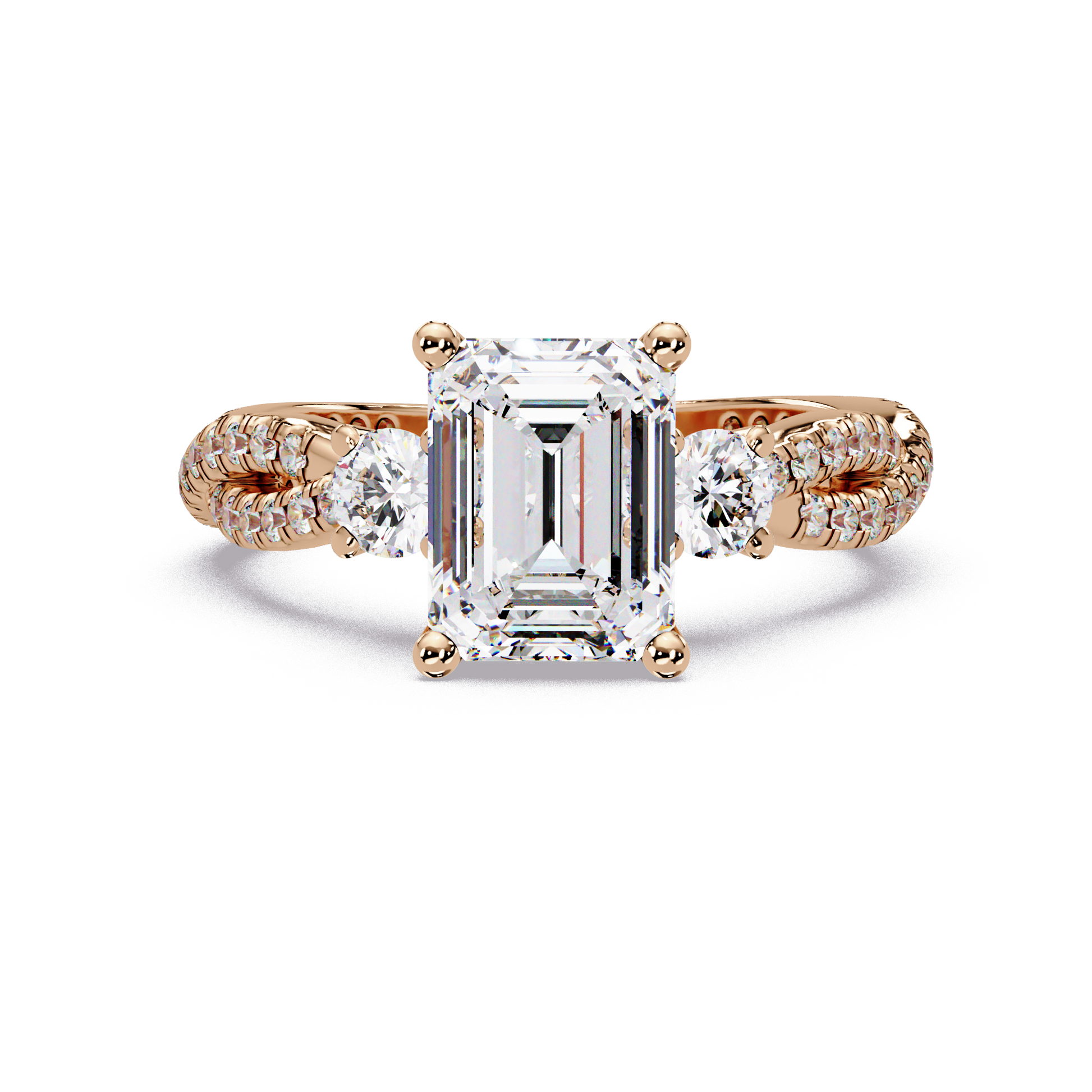 Emerald Cut Lab Grown Diamond Three Twisted Shank Ring