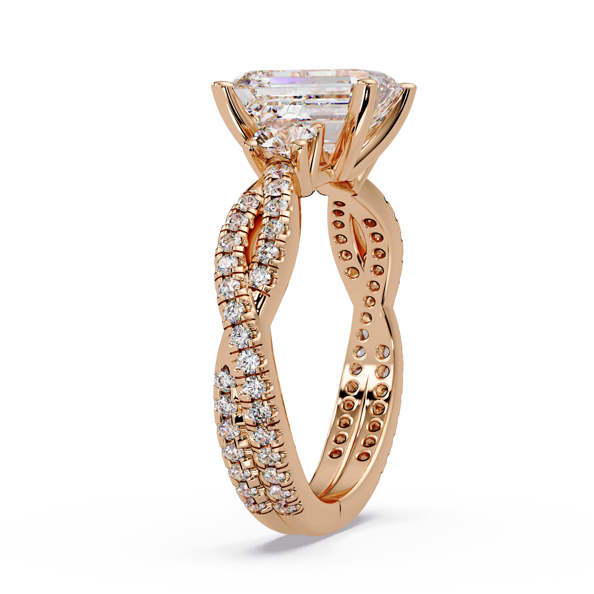 Emerald Cut Lab Grown Diamond Three Twisted Shank Ring