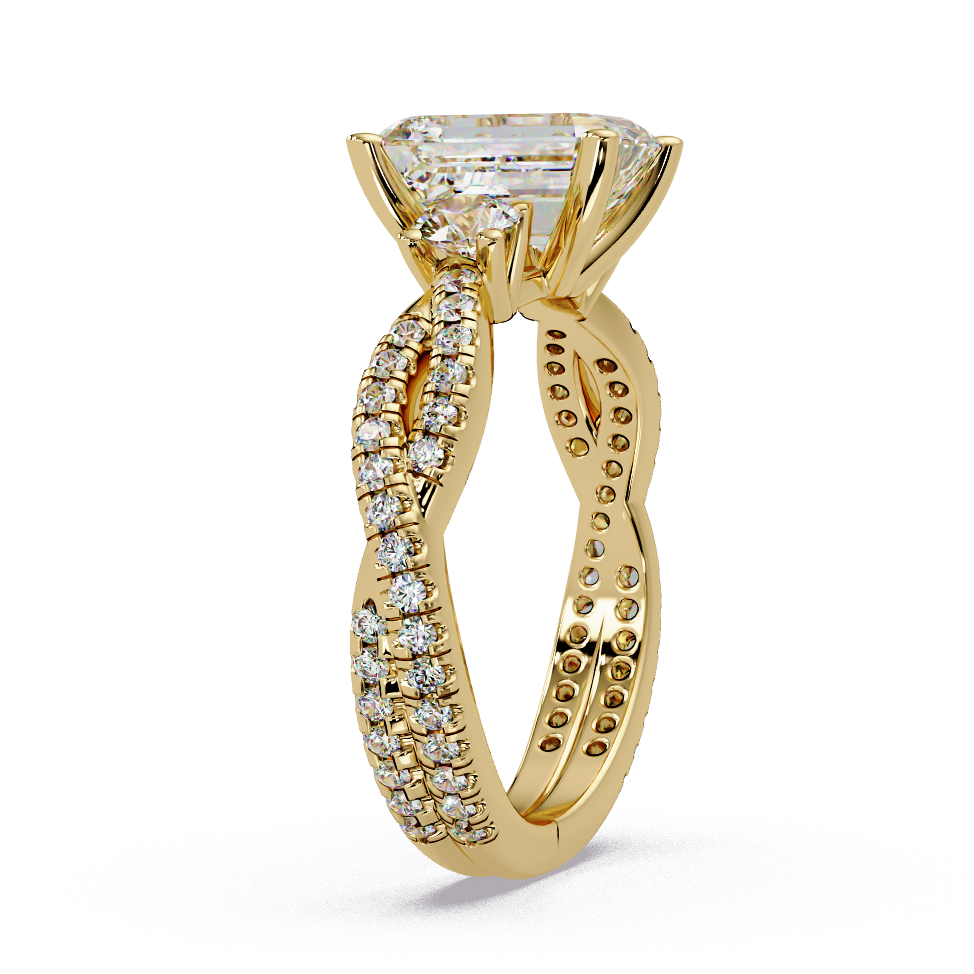 Emerald Cut Lab Grown Diamond Three Twisted Shank Ring