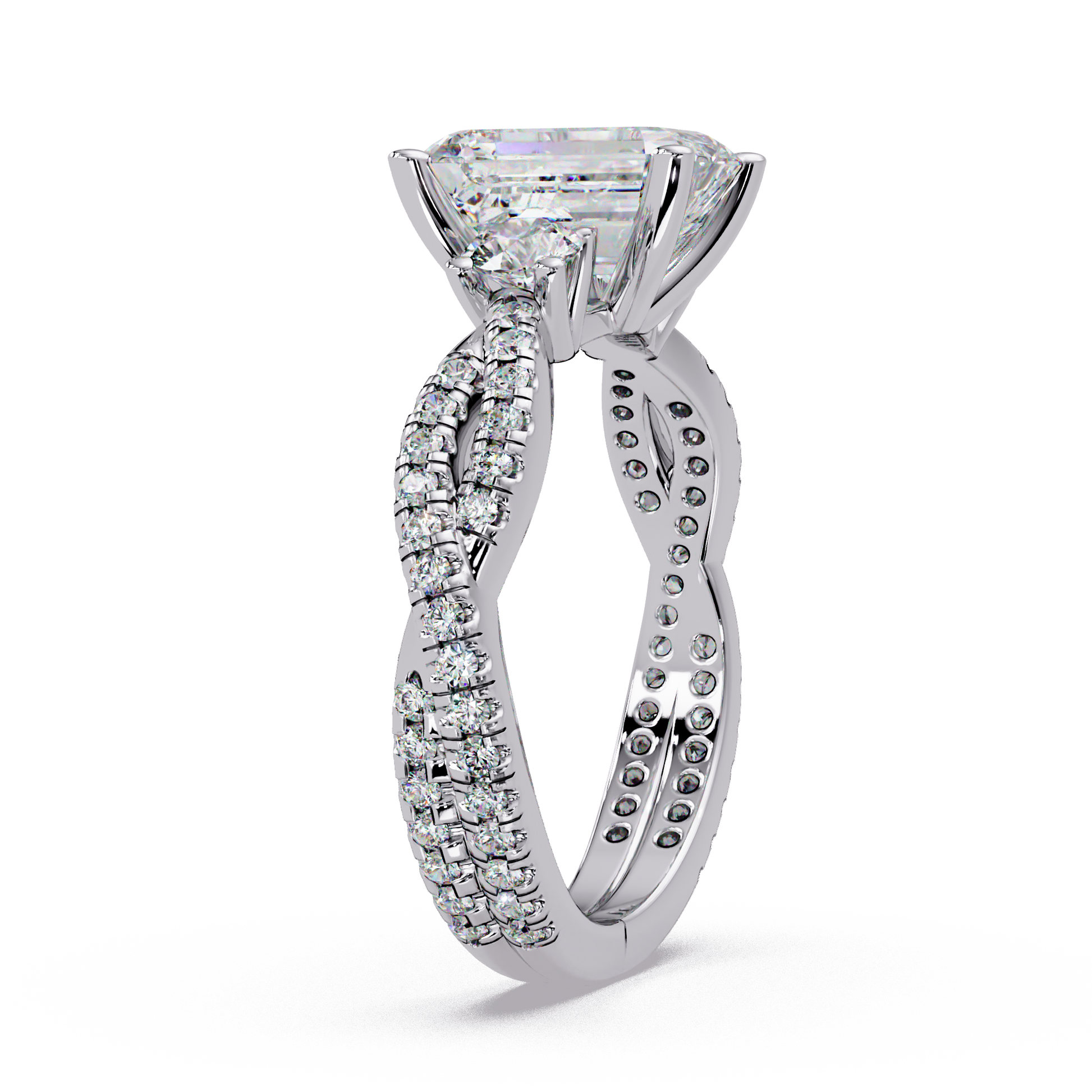 Emerald Cut Lab Grown Diamond Three Twisted Shank Ring