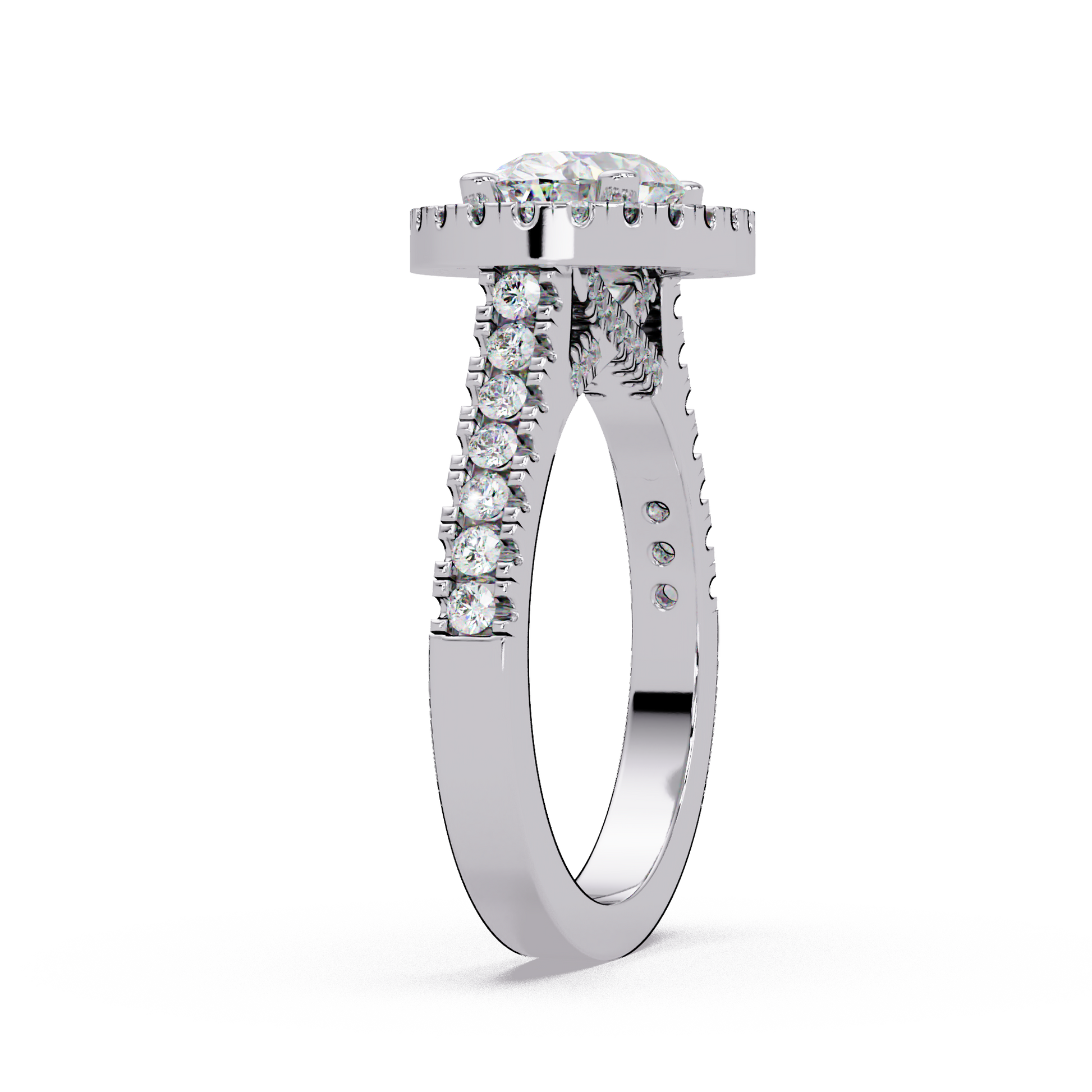 Oval Cut Lab Grown Diamond Halo Ring in Accented Shank