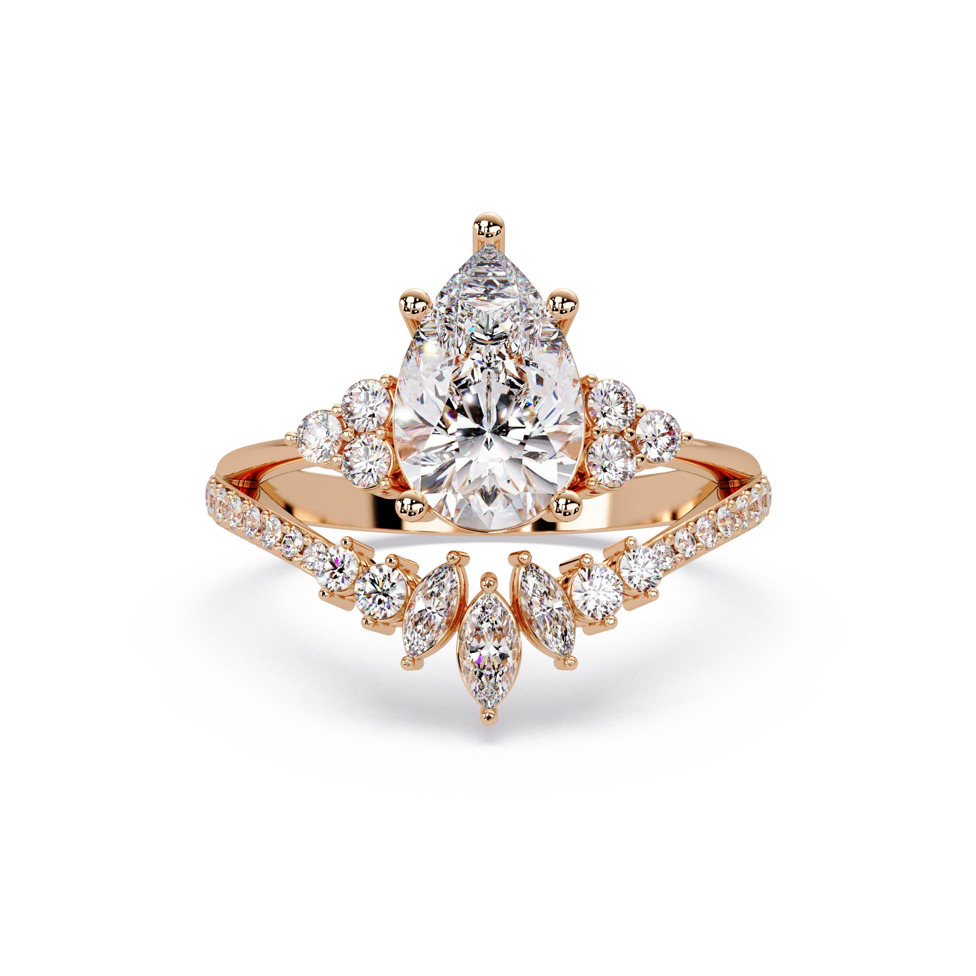 Pear Cut Lab Grown Diamond Engagement Ring Floral Halo Bridal Set with Marquise Diamond Accents