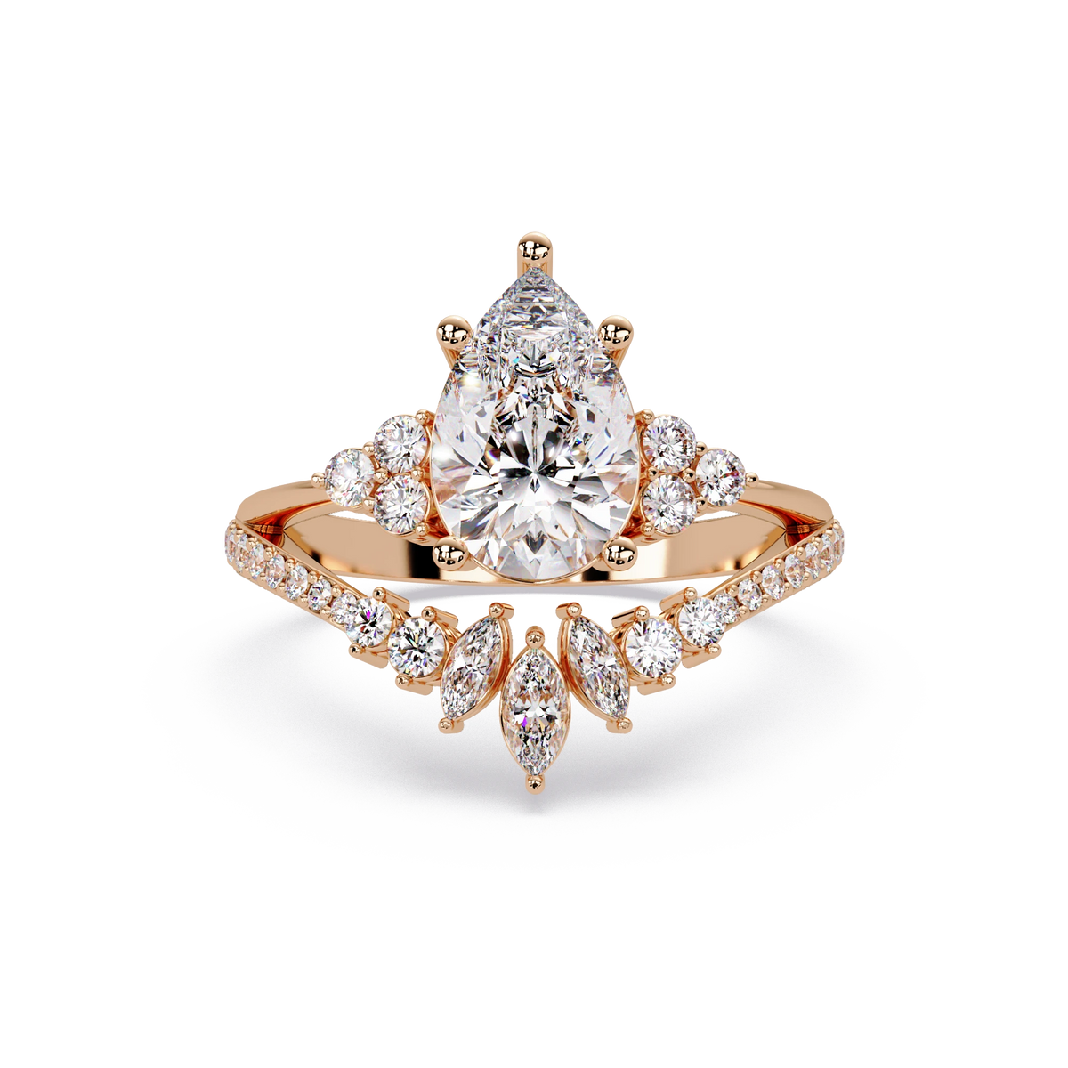 Pear Cut Lab Grown Diamond Engagement Ring Floral Halo Bridal Set with Marquise Diamond Accents