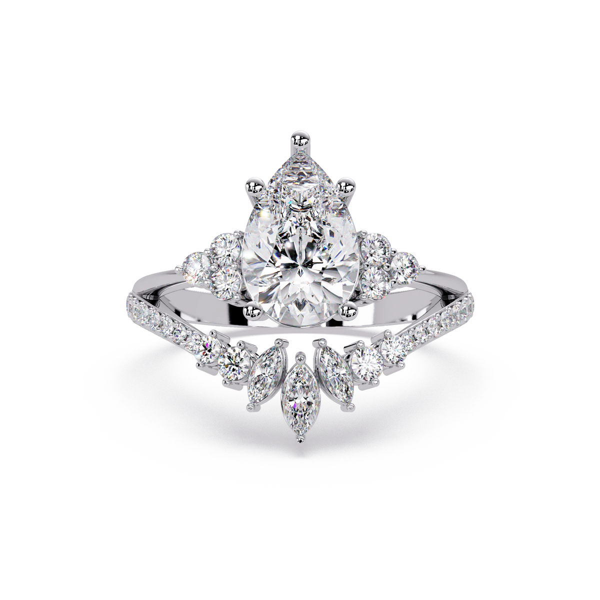 Pear Cut Lab Grown Diamond Engagement Ring Floral Halo Bridal Set with Marquise Diamond Accents
