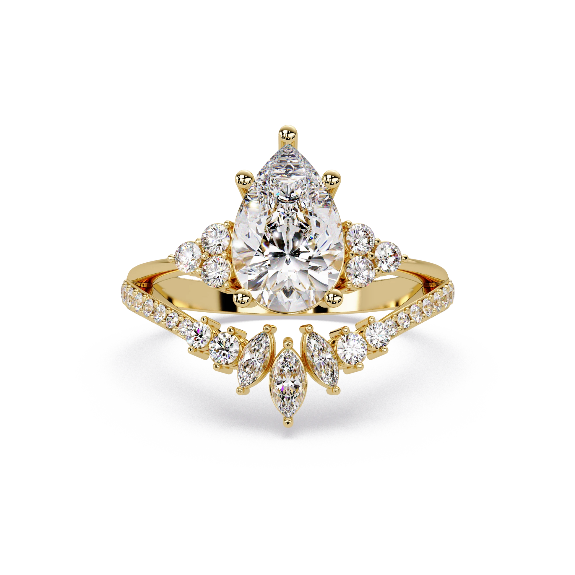 Pear Cut Lab Grown Diamond Engagement Ring Floral Halo Bridal Set with Marquise Diamond Accents