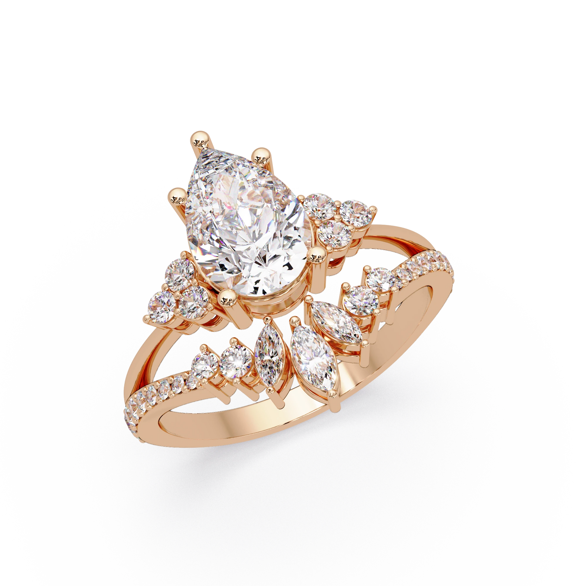 Pear Cut Lab Grown Diamond Engagement Ring Floral Halo Bridal Set with Marquise Diamond Accents