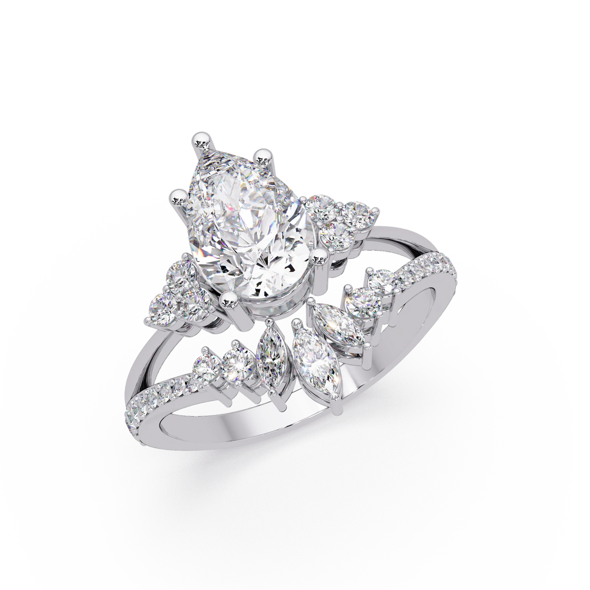 Pear Cut Lab Grown Diamond Engagement Ring Floral Halo Bridal Set with Marquise Diamond Accents
