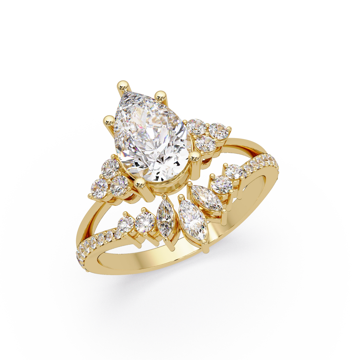 Pear Cut Lab Grown Diamond Engagement Ring Floral Halo Bridal Set with Marquise Diamond Accents