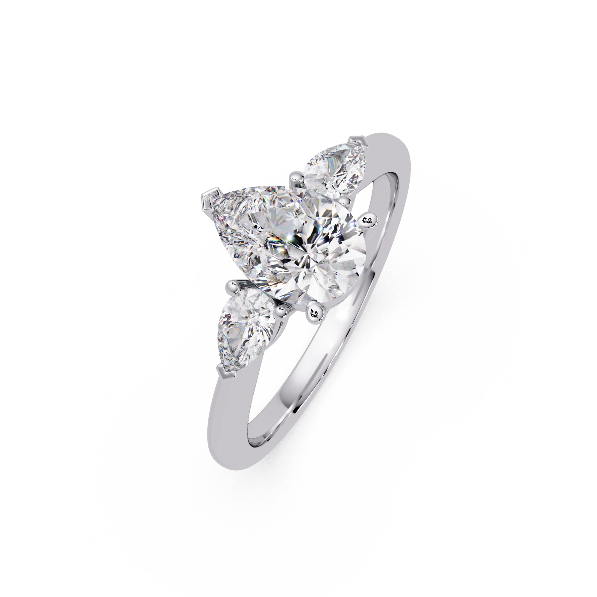 Pear Cut Lab Grown Diamond Engagement Ring Three Stone Gold Solitaire with Round Side Diamonds