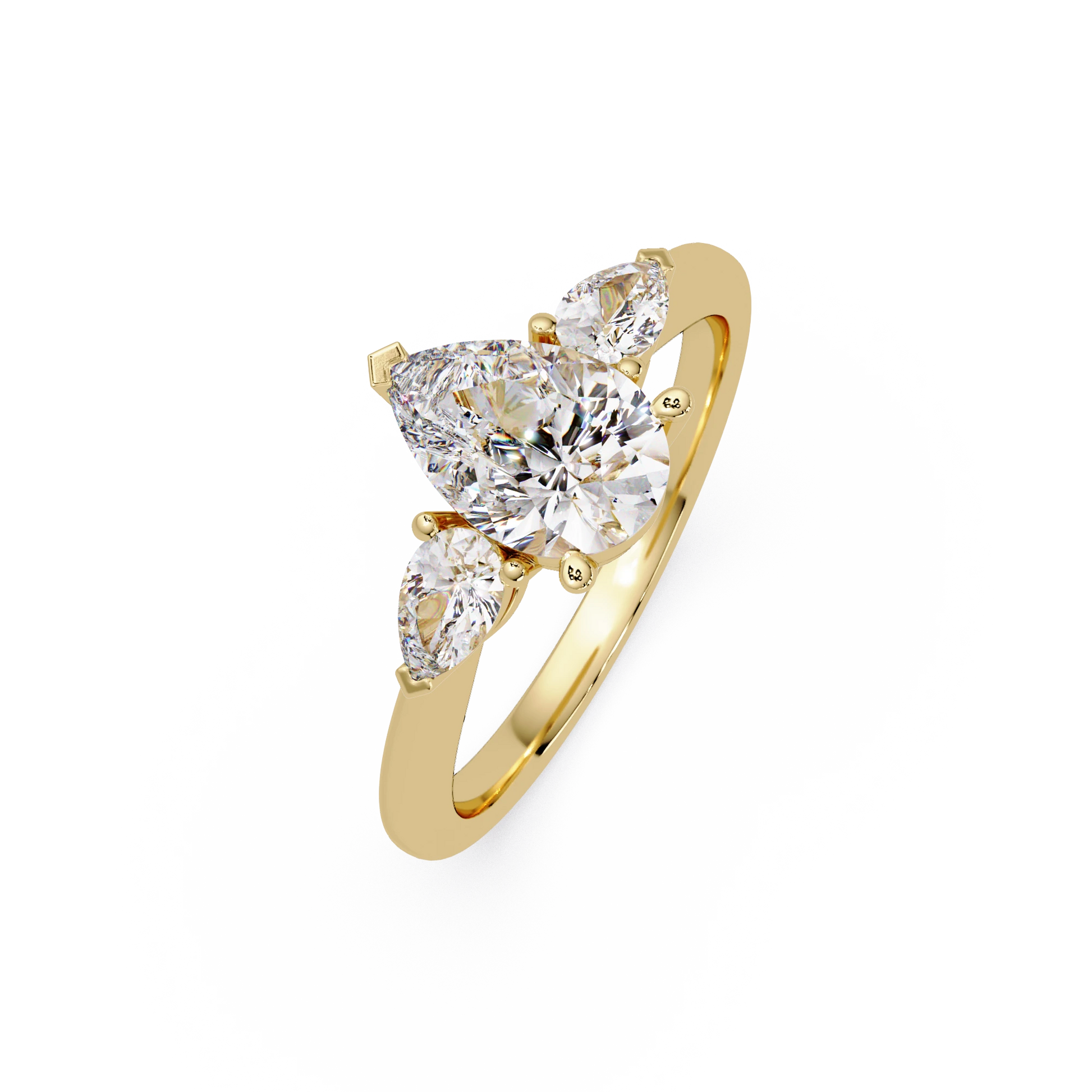 Pear Cut Lab Grown Diamond Engagement Ring Three Stone Gold Solitaire with Round Side Diamonds