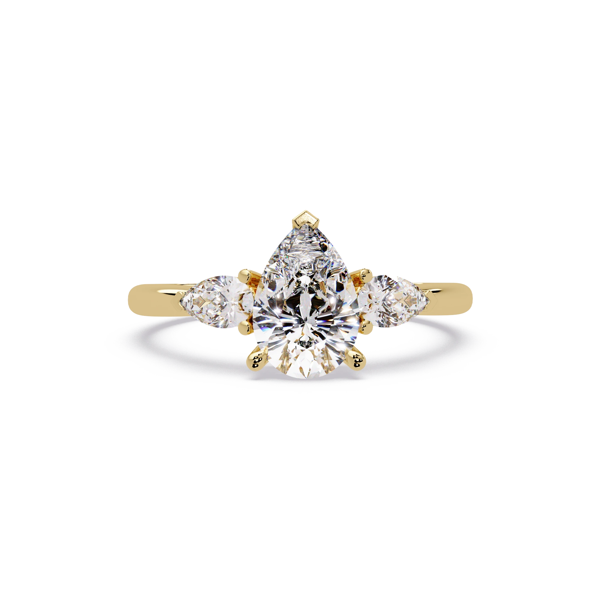Pear Cut Lab Grown Diamond Engagement Ring Three Stone Gold Solitaire with Round Side Diamonds