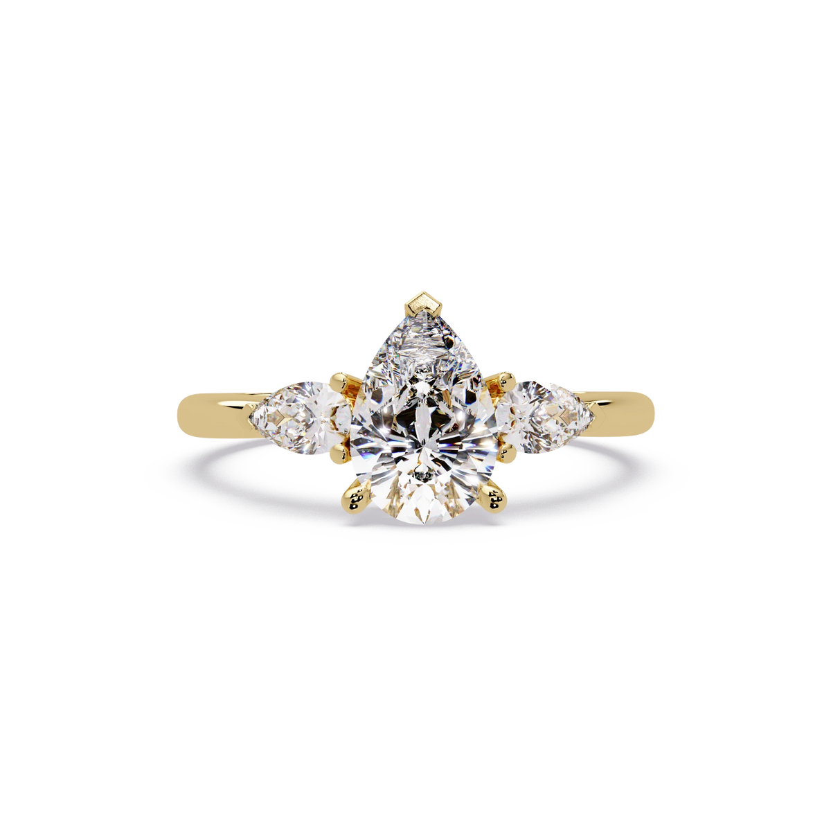 Pear Cut Lab Grown Diamond Engagement Ring Three Stone Gold Solitaire with Round Side Diamonds