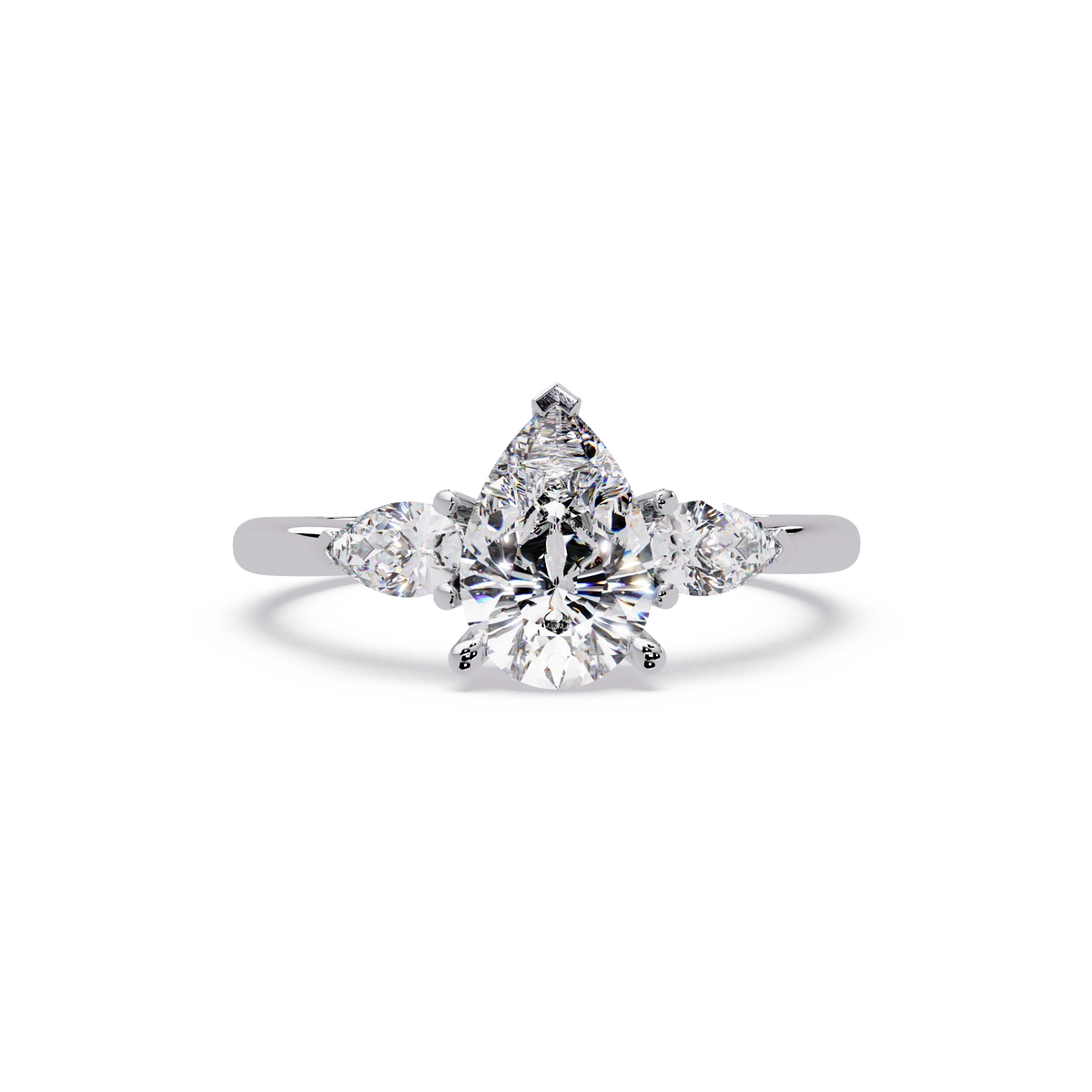 Pear Cut Lab Grown Diamond Engagement Ring Three Stone Gold Solitaire with Round Side Diamonds