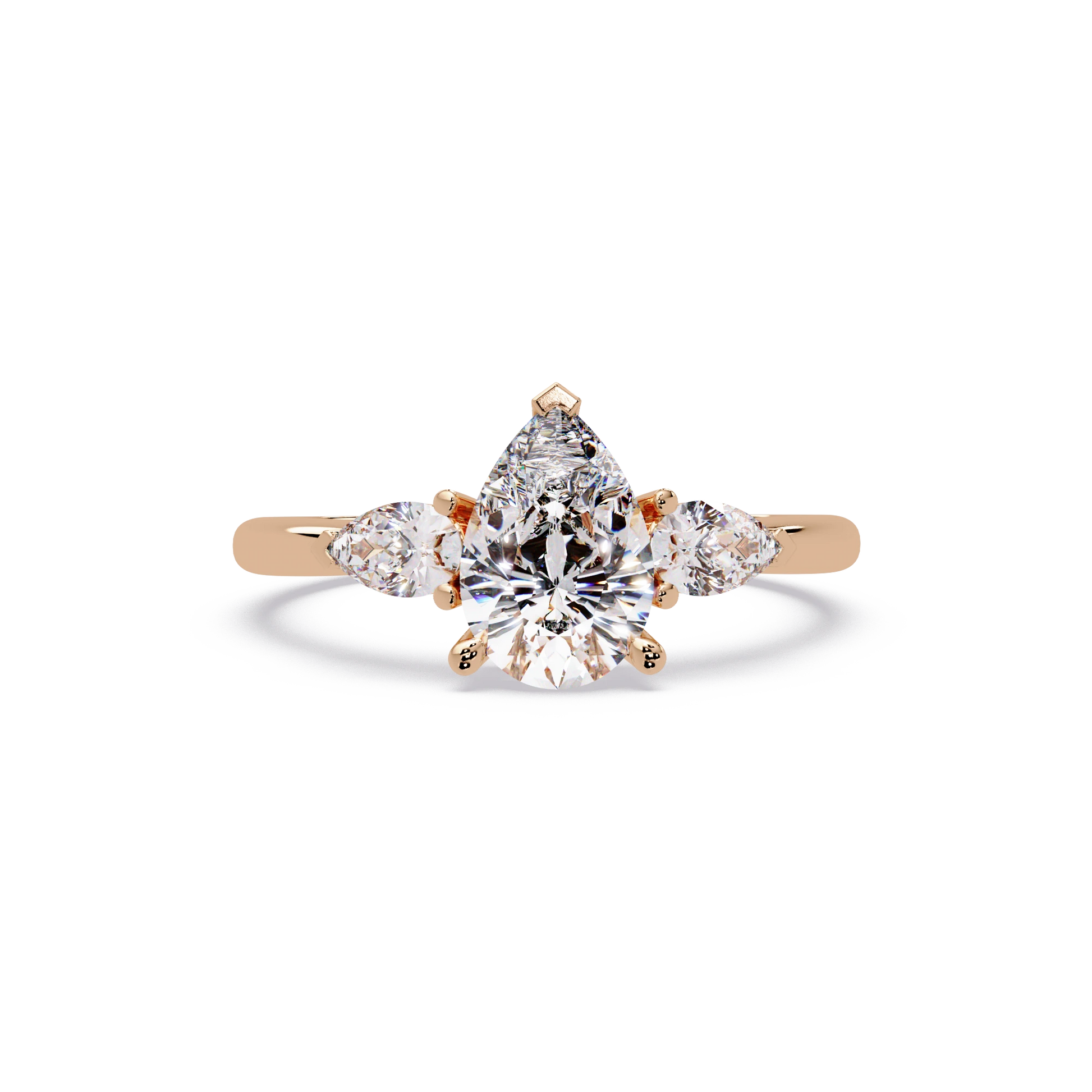 Pear Cut Lab Grown Diamond Engagement Ring Three Stone Gold Solitaire with Round Side Diamonds