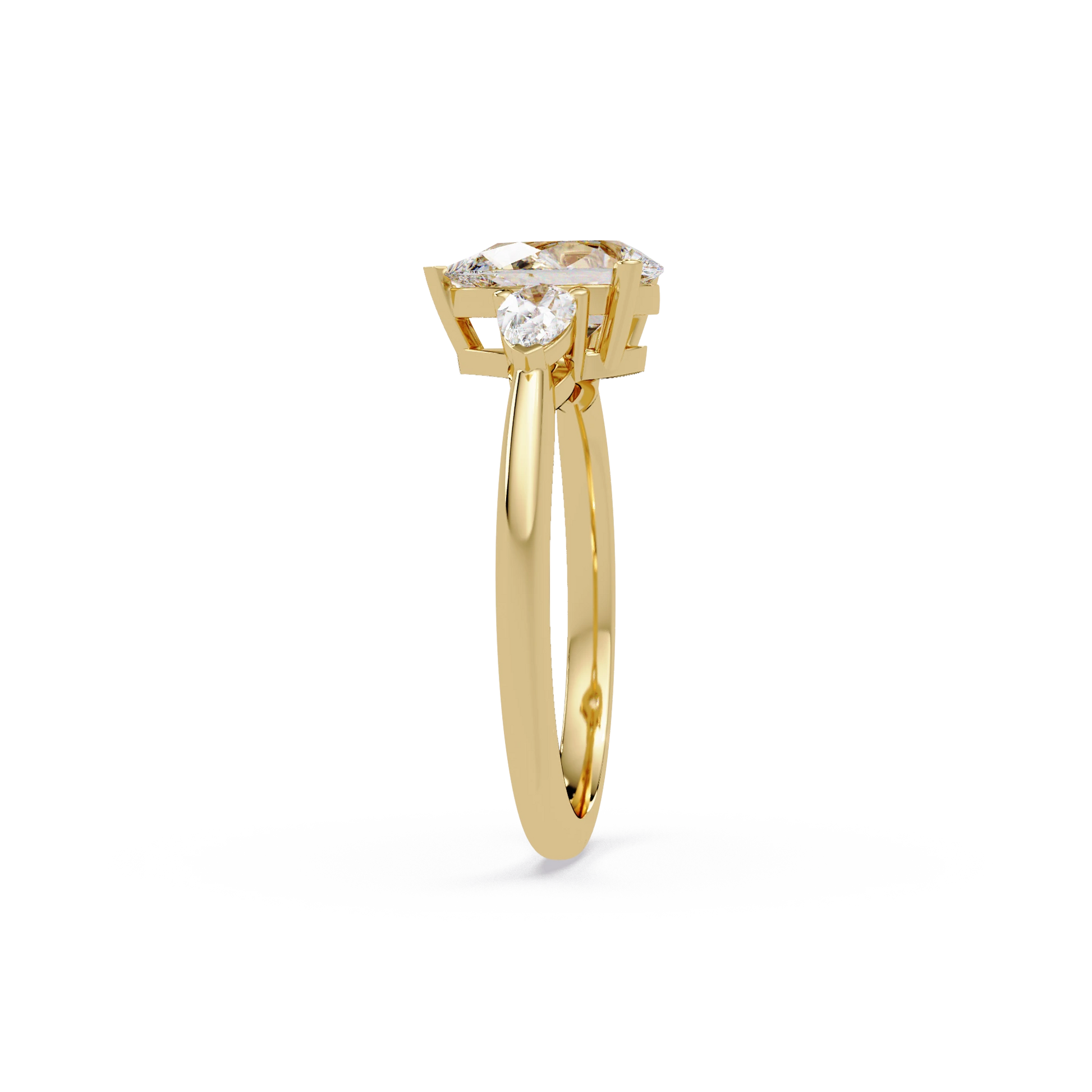 Pear Cut Lab Grown Diamond Engagement Ring Three Stone Gold Solitaire with Round Side Diamonds