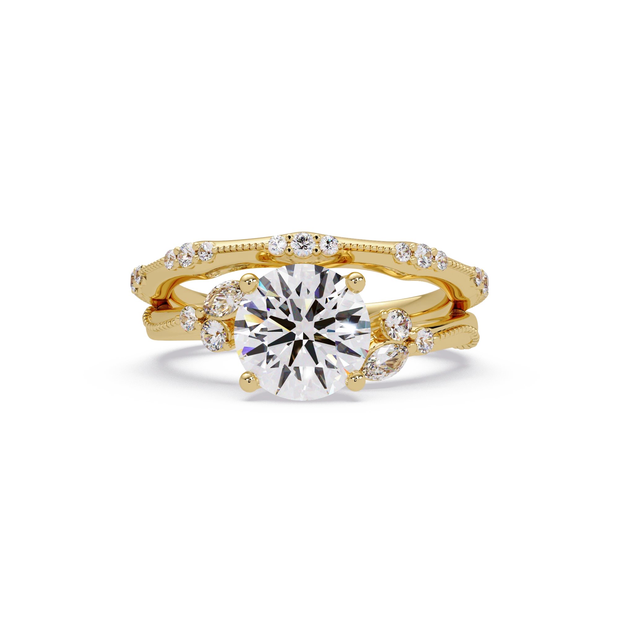 Round Lab Grown Diamond Engagement Ring Floral Diamond Halo Gold Bridal Set with Pavé Bands