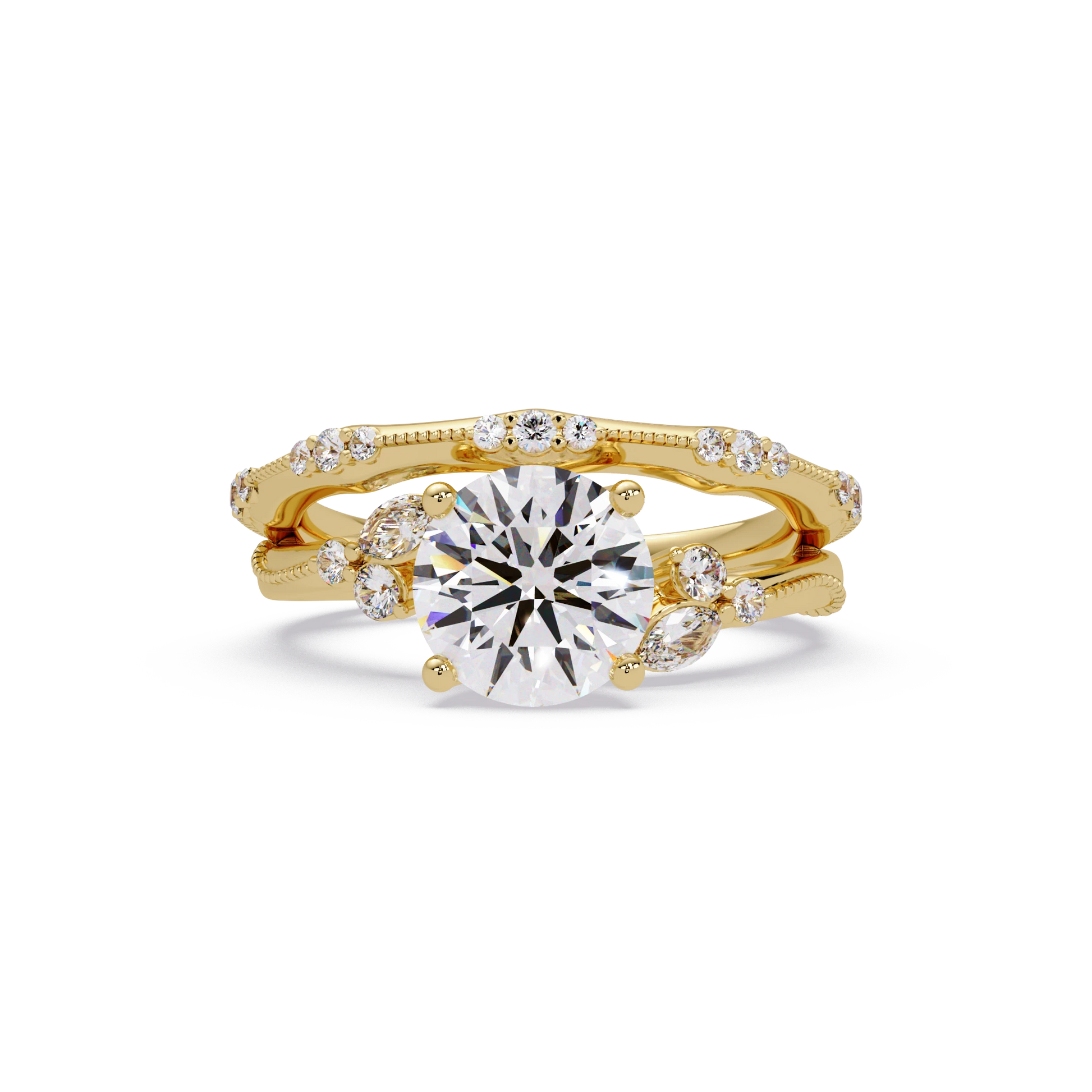 Round Lab Grown Diamond Engagement Ring Floral Diamond Halo Gold Bridal Set with Pavé Bands