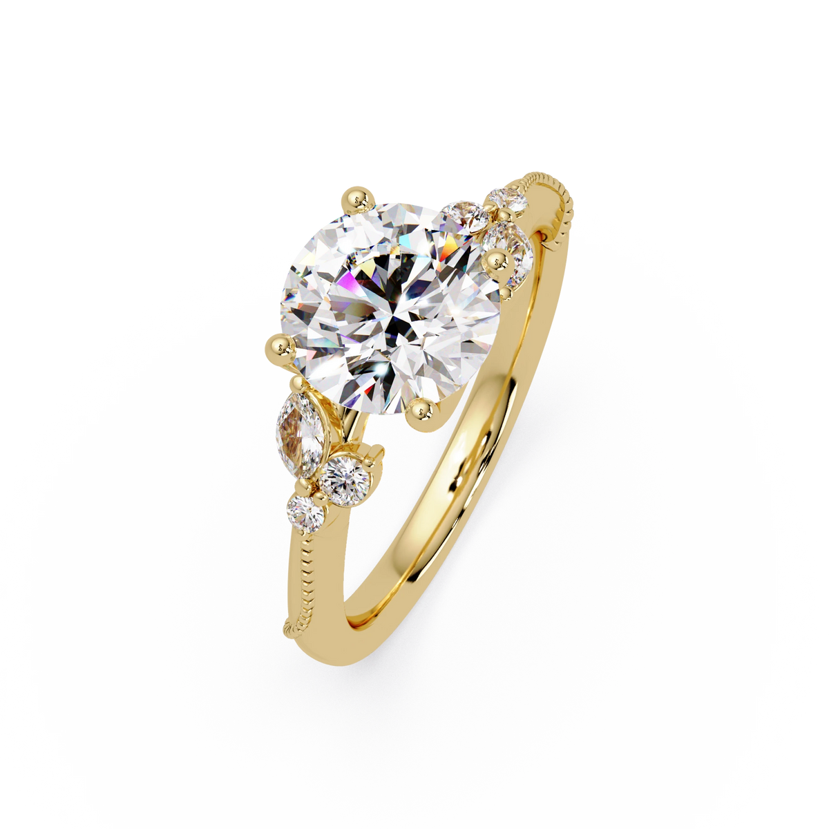 Round Lab Grown Diamond Engagement Ring Floral Diamond Halo Gold Bridal Set with Pavé Bands