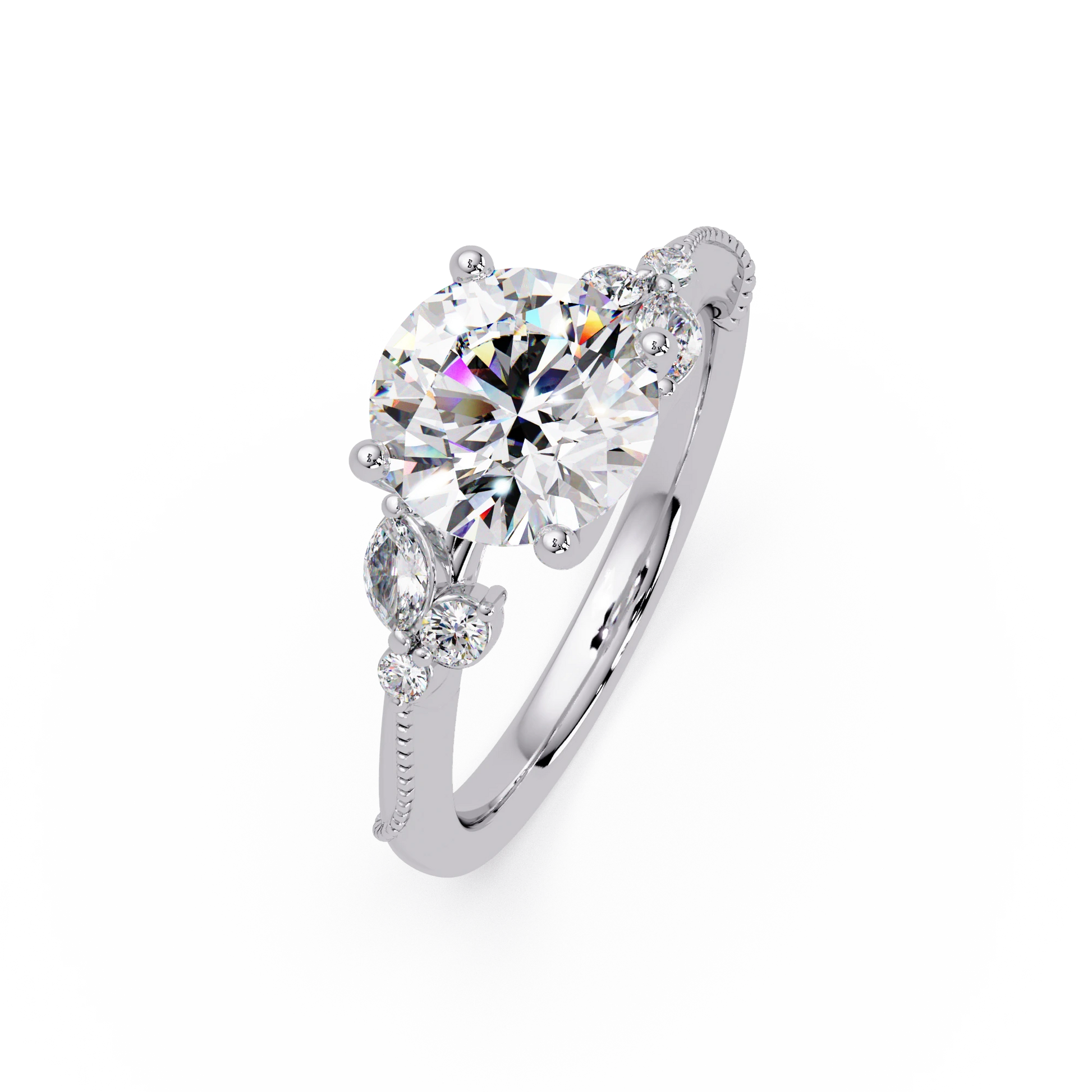 Round Lab Grown Diamond Engagement Ring Floral Diamond Halo Gold Bridal Set with Pavé Bands