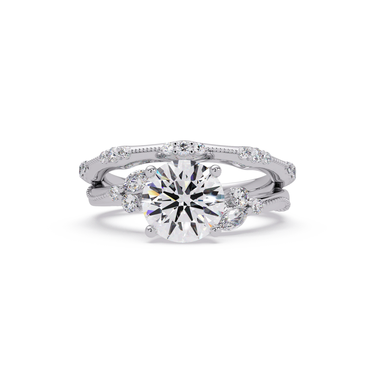 Round Lab Grown Diamond Engagement Ring Floral Diamond Halo Gold Bridal Set with Pavé Bands