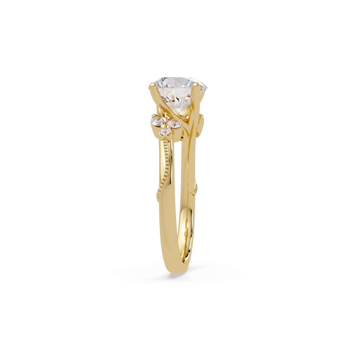 Round Lab Grown Diamond Engagement Ring Floral Diamond Halo Gold Bridal Set with Pavé Bands