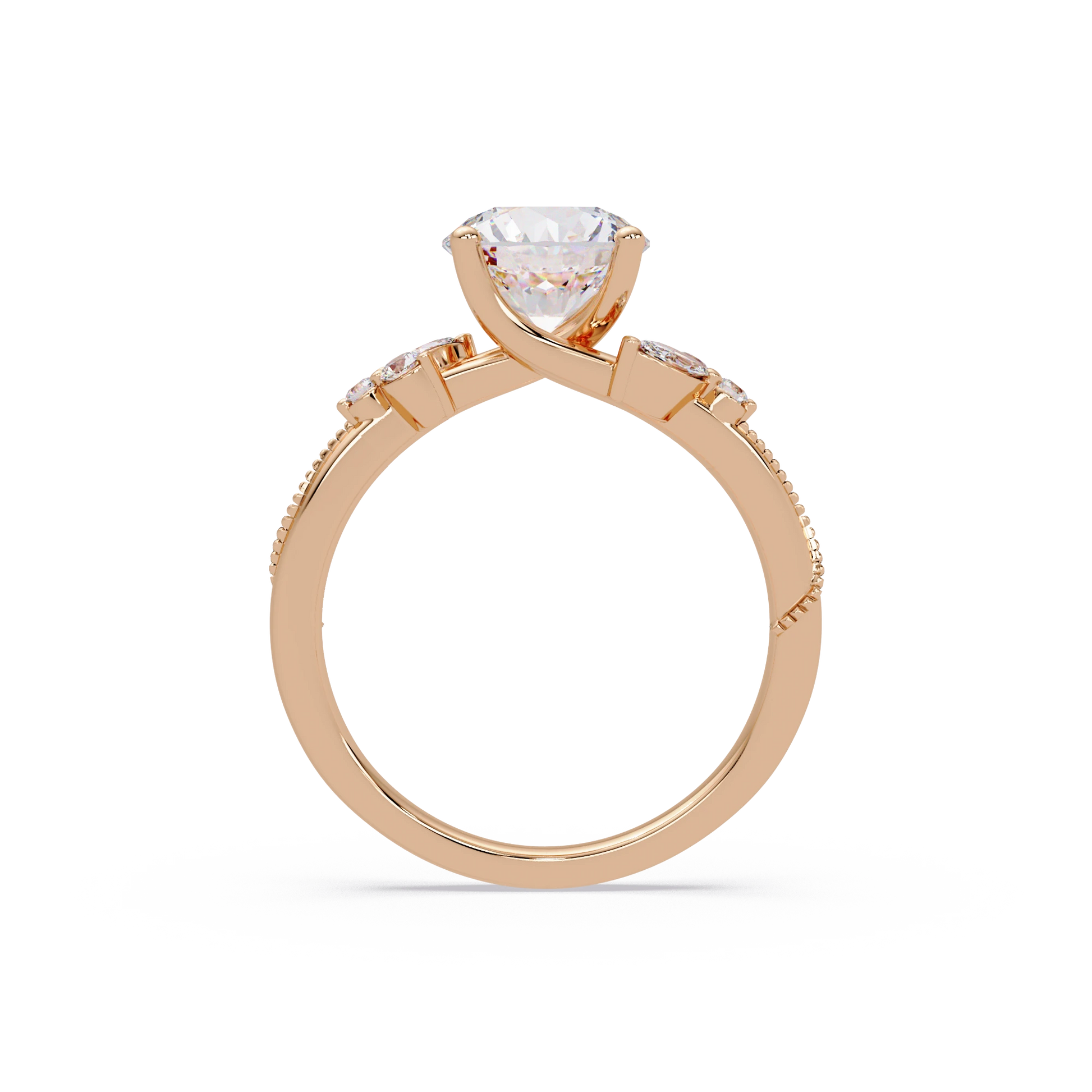 Round Lab Grown Diamond Engagement Ring Floral Diamond Halo Gold Bridal Set with Pavé Bands