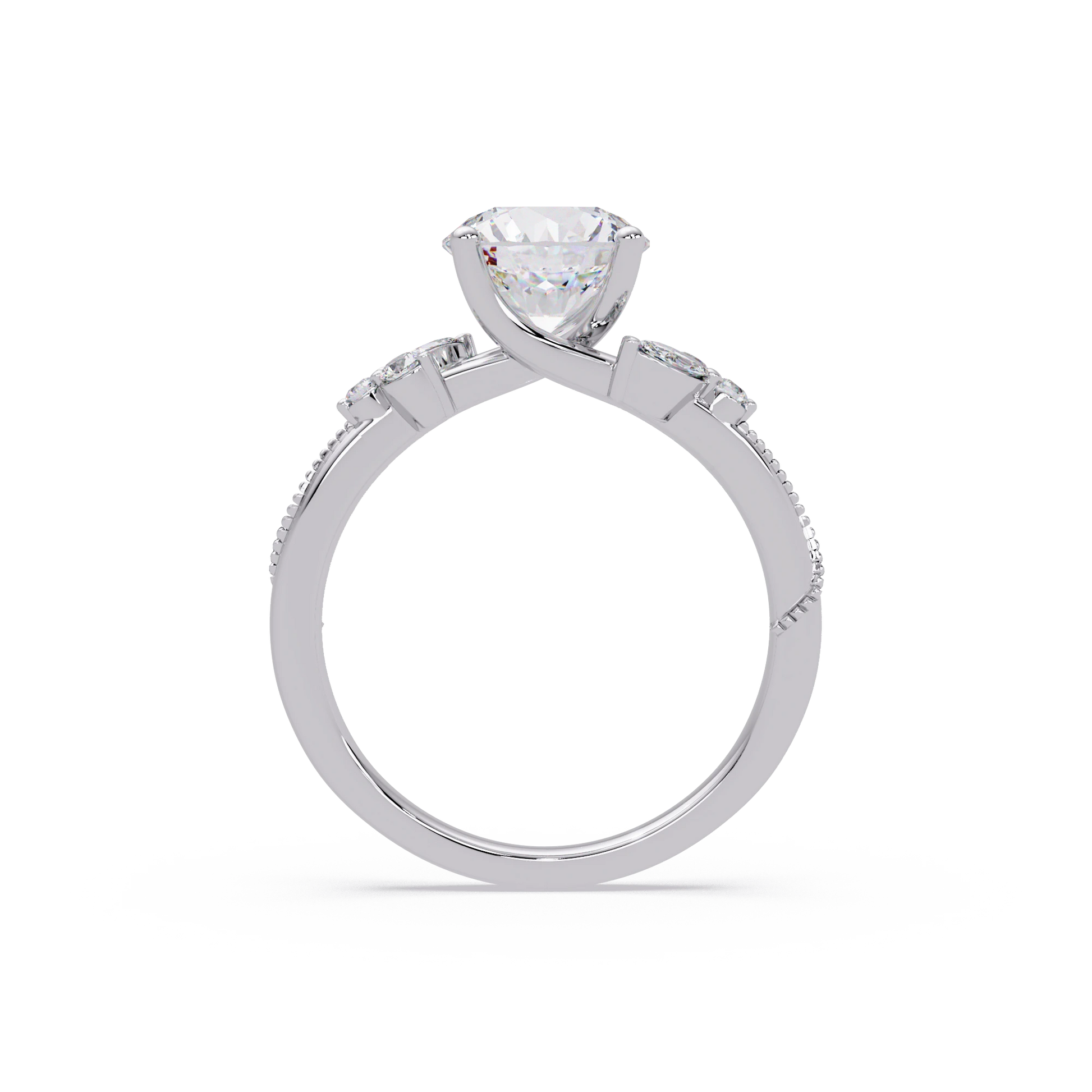 Round Lab Grown Diamond Engagement Ring Floral Diamond Halo Gold Bridal Set with Pavé Bands