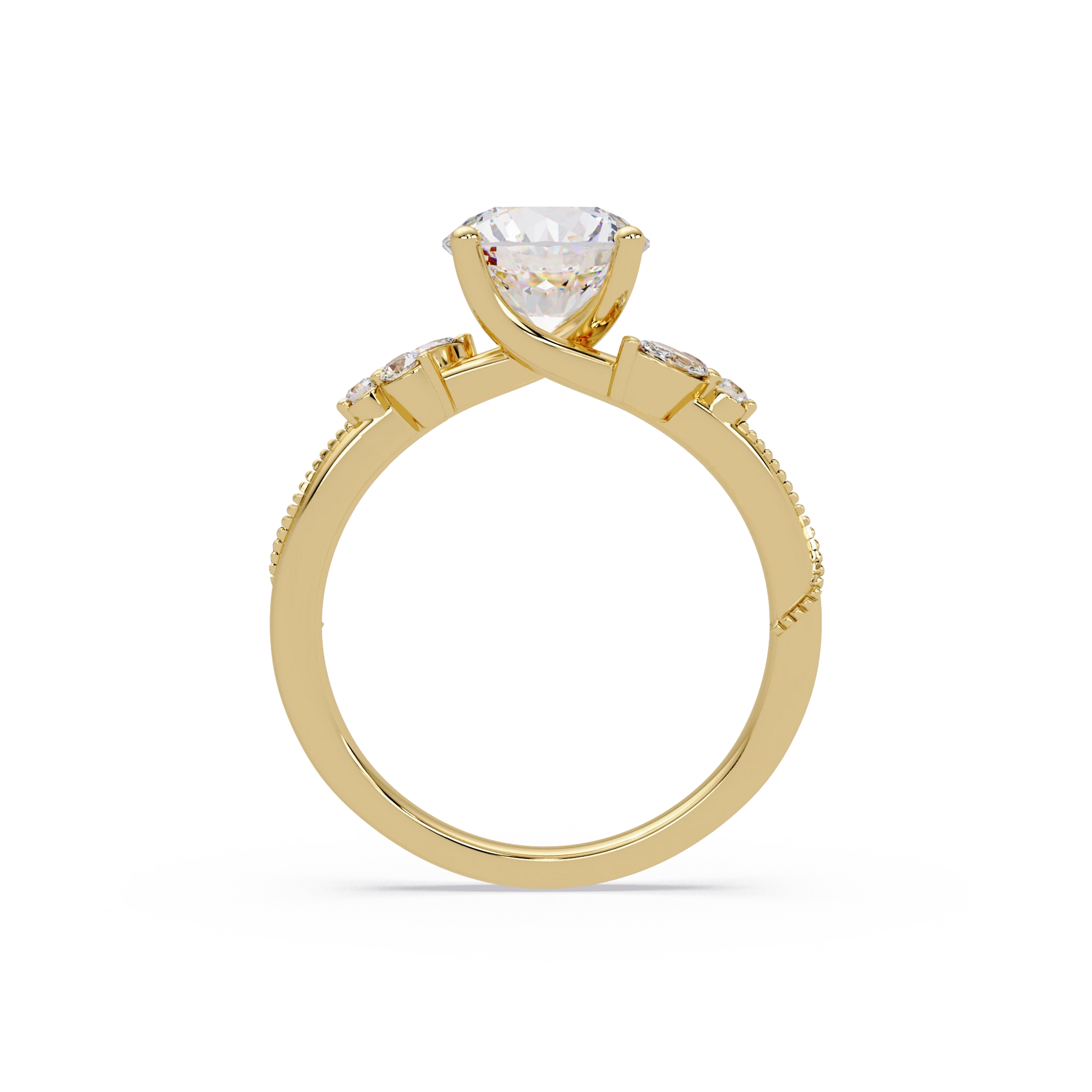 Round Lab Grown Diamond Engagement Ring Floral Diamond Halo Gold Bridal Set with Pavé Bands