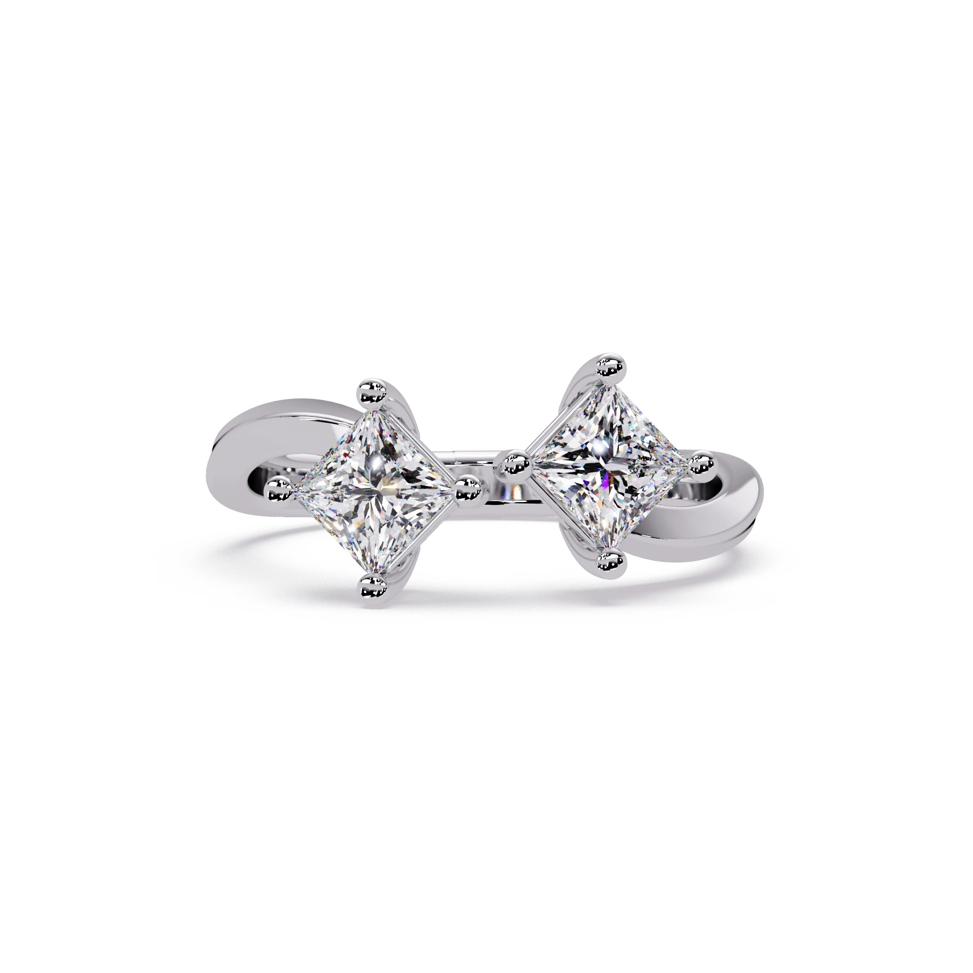 Lab Grown Diamond Engagement Ring Modern Princess Cut Two Stone Bypass Ring in Yellow Gold